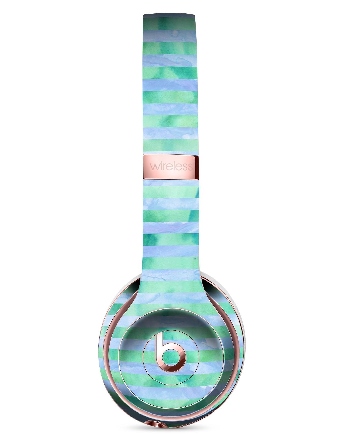 Blue and green watercolor stripes skin kit for Beats by Dre Solo 3 Wireless Headphones, showcasing vibrant colors and a stylish design.