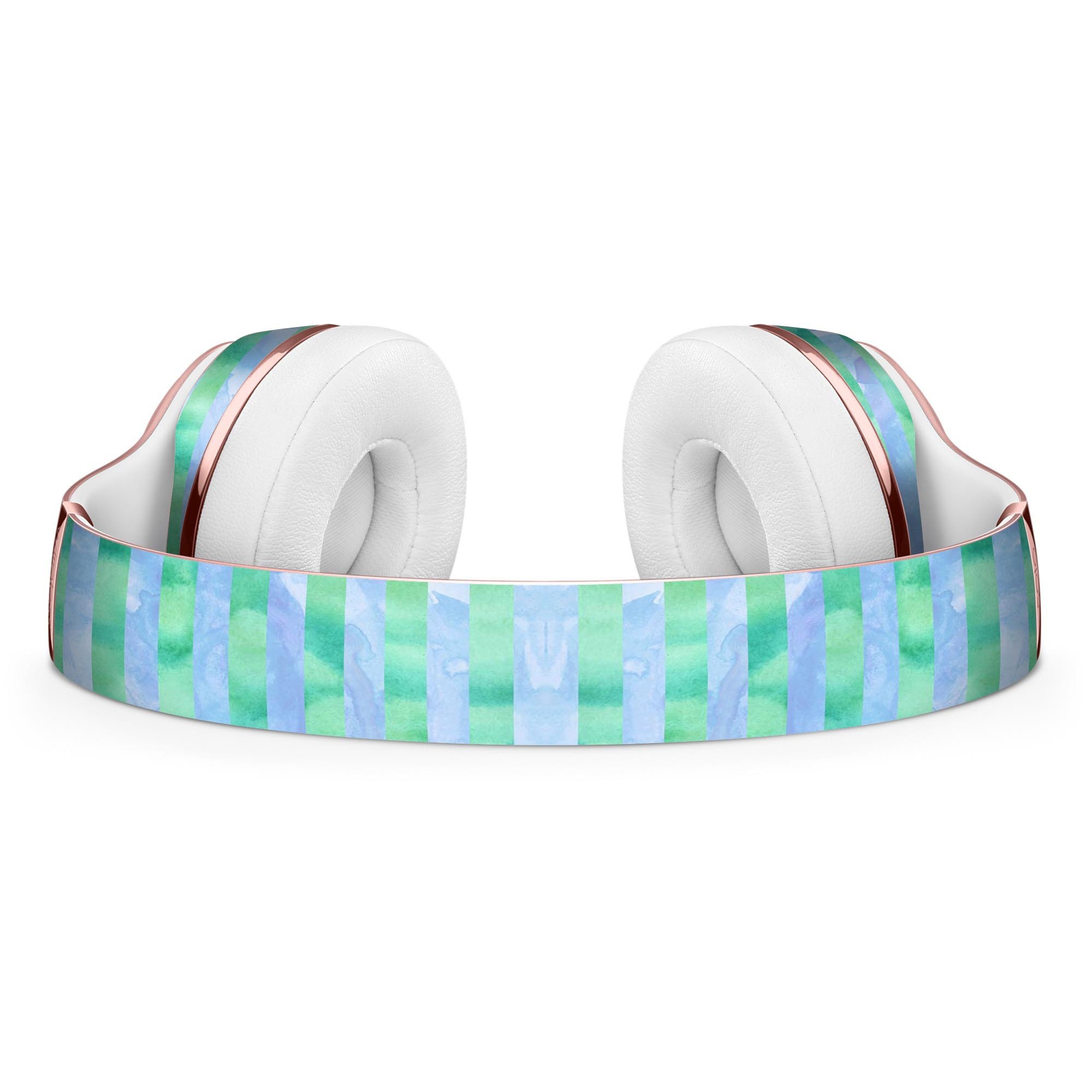 Blue and green watercolor stripes skin kit for Beats by Dre Solo 3 Wireless Headphones, showcasing vibrant colors and a stylish design.