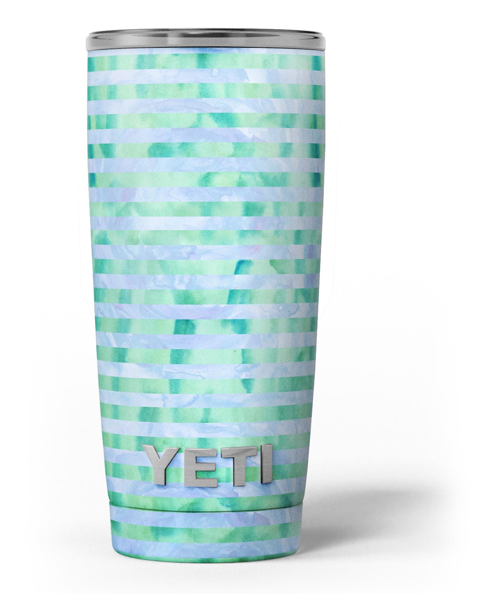 Blue and Green Watercolor Stripes skin decal vinyl wrap kit for Yeti Coolers, showcasing vibrant colors and a stylish design.
