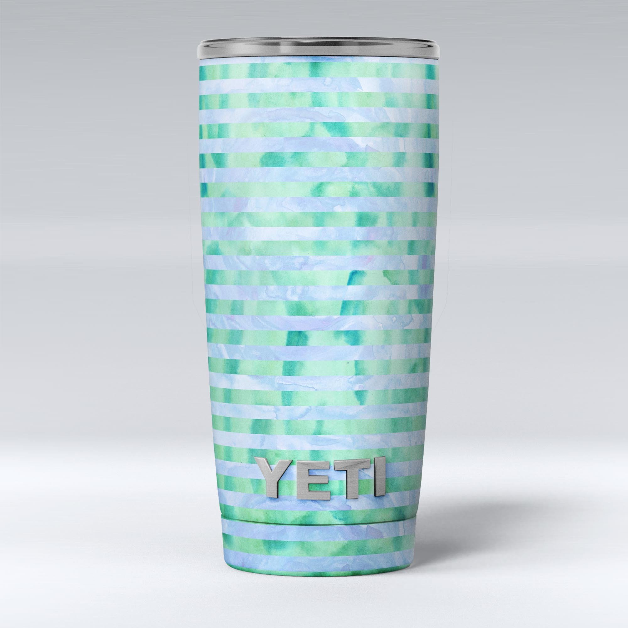 Blue and Green Watercolor Stripes skin decal vinyl wrap kit for Yeti Coolers, showcasing vibrant colors and a stylish design.