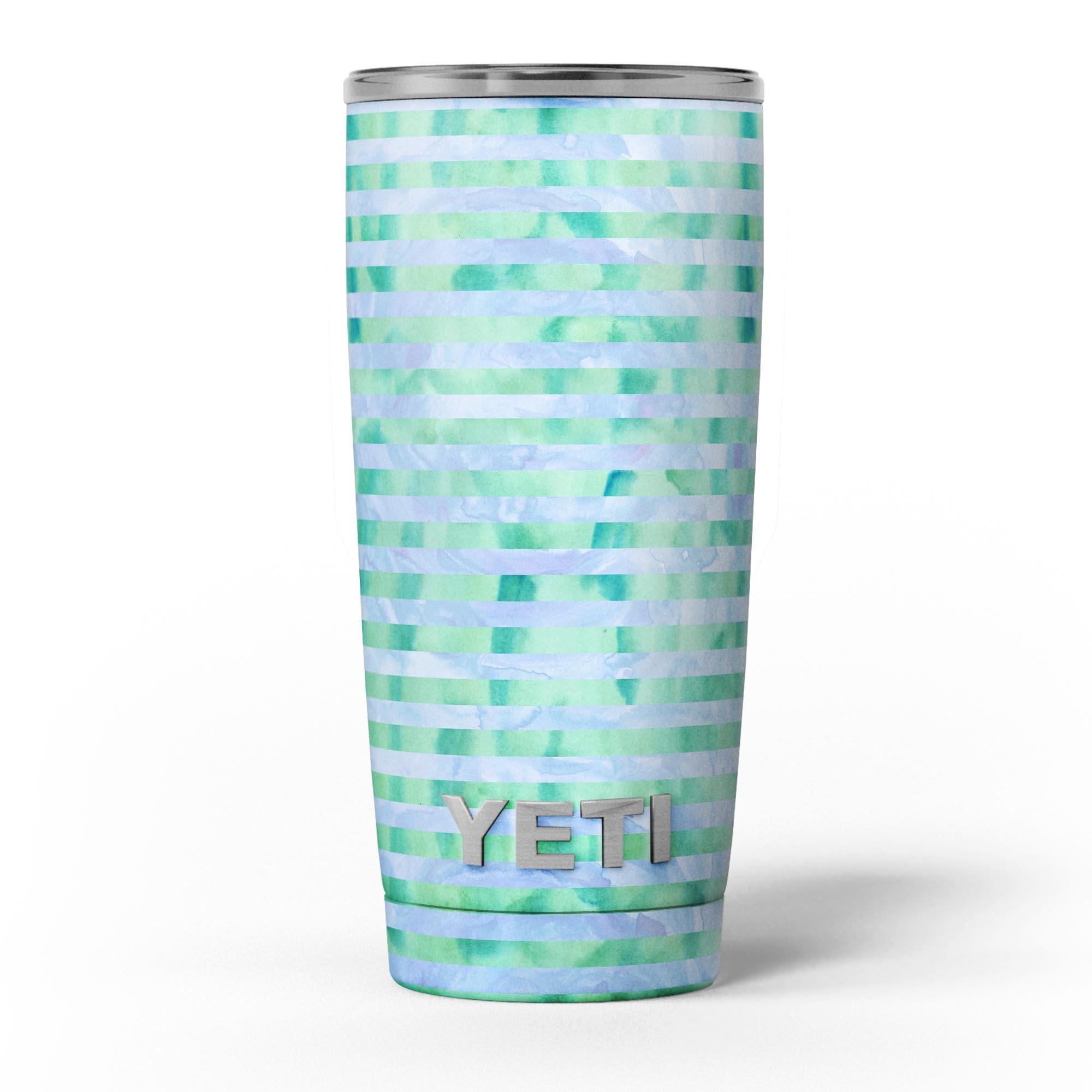 Blue and Green Watercolor Stripes skin decal vinyl wrap kit for Yeti Coolers, showcasing vibrant colors and a stylish design.
