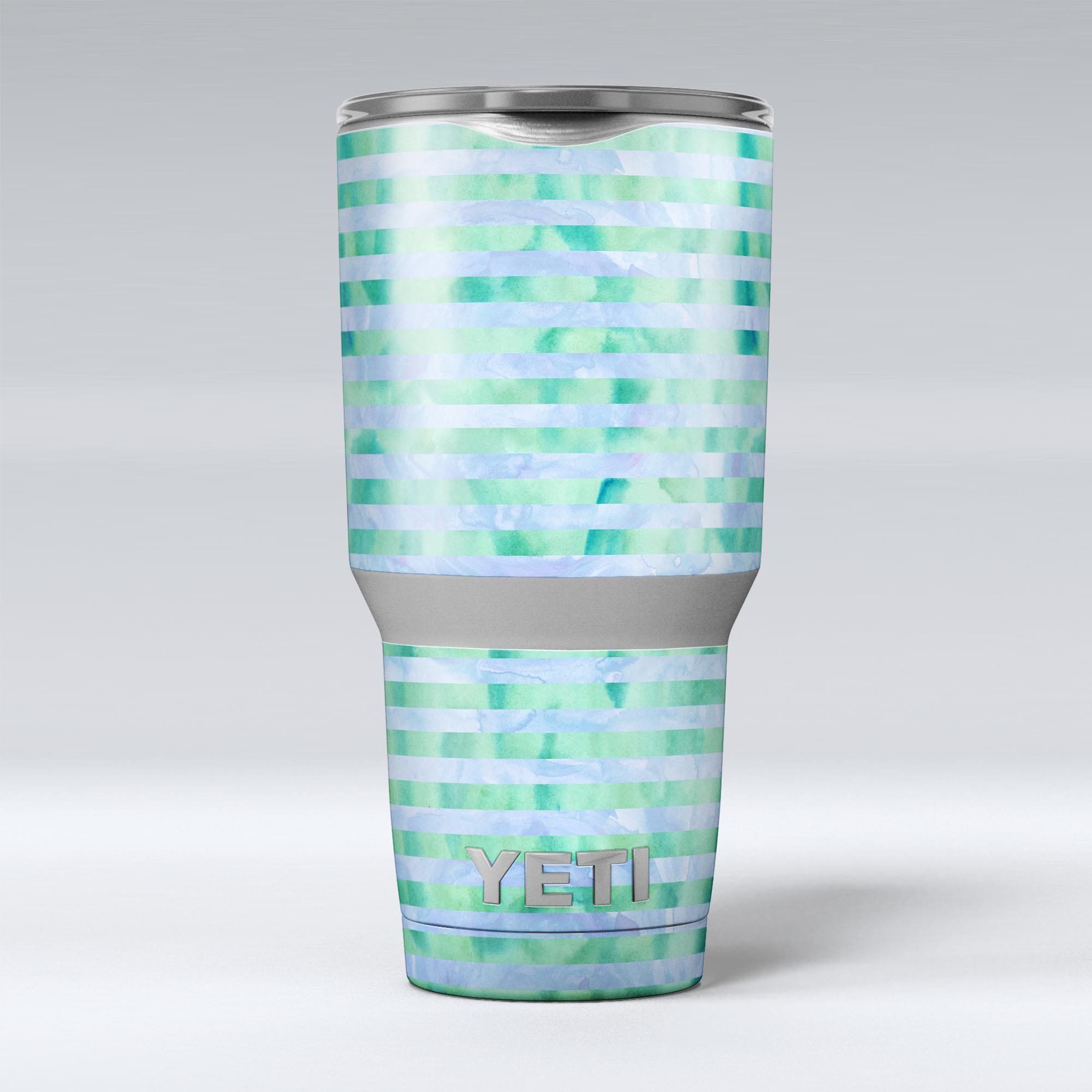 Blue and Green Watercolor Stripes skin decal vinyl wrap kit for Yeti Coolers, showcasing vibrant colors and a stylish design.