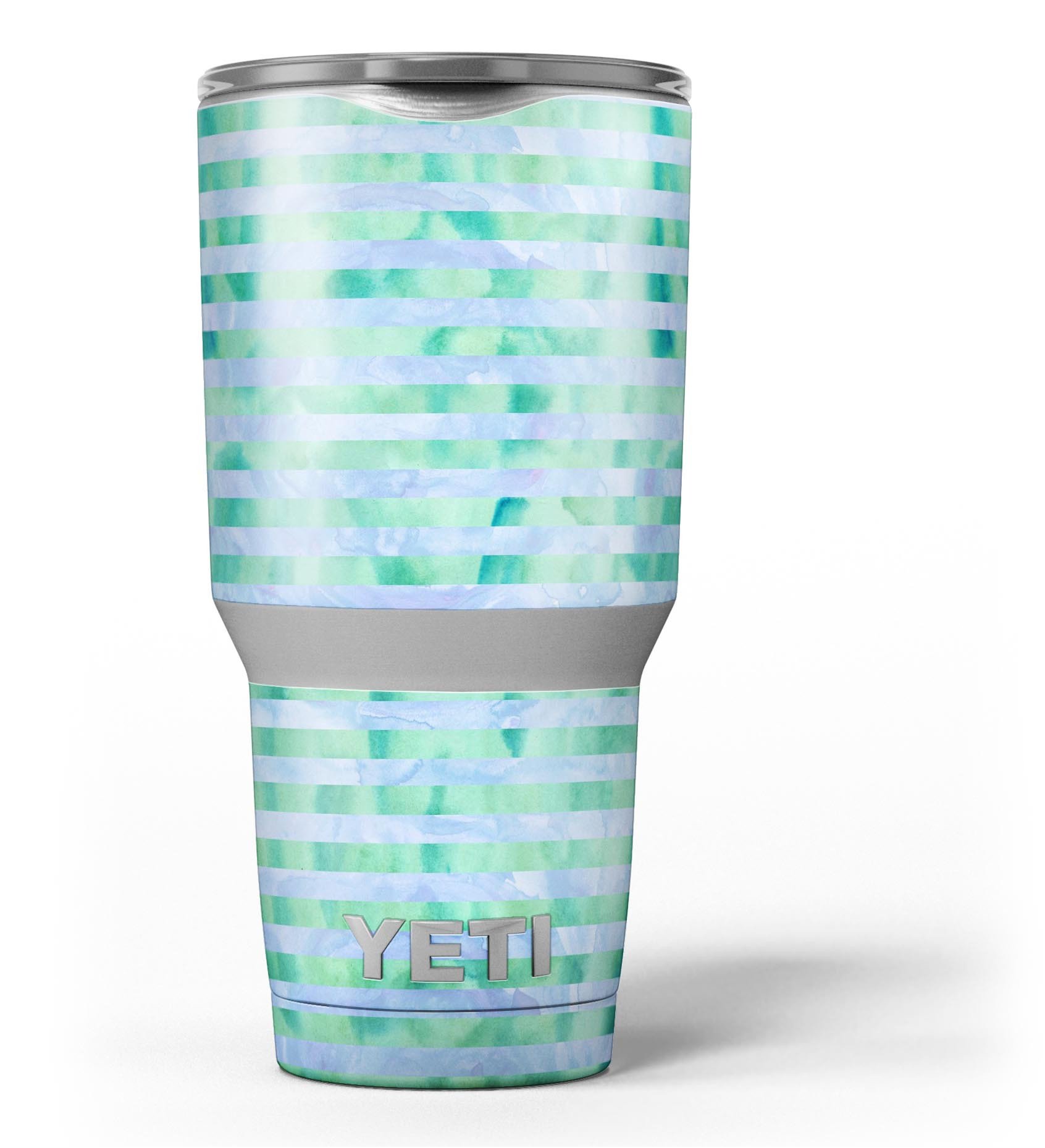 Blue and Green Watercolor Stripes skin decal vinyl wrap kit for Yeti Coolers, showcasing vibrant colors and a stylish design.