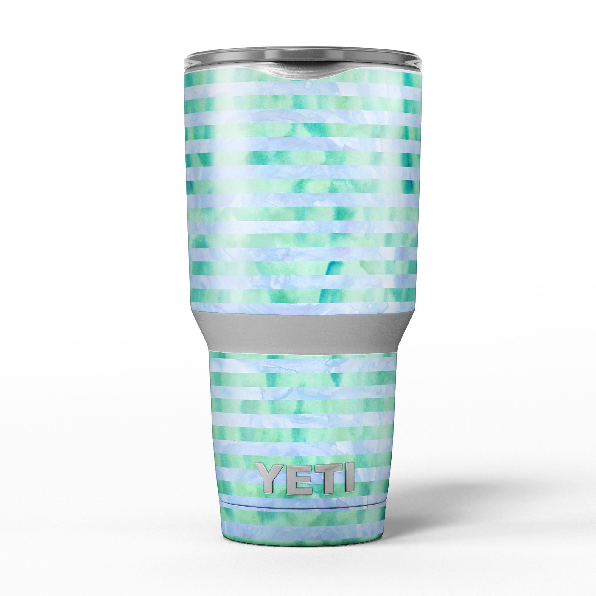 Blue and Green Watercolor Stripes skin decal vinyl wrap kit for Yeti Coolers, showcasing vibrant colors and a stylish design.