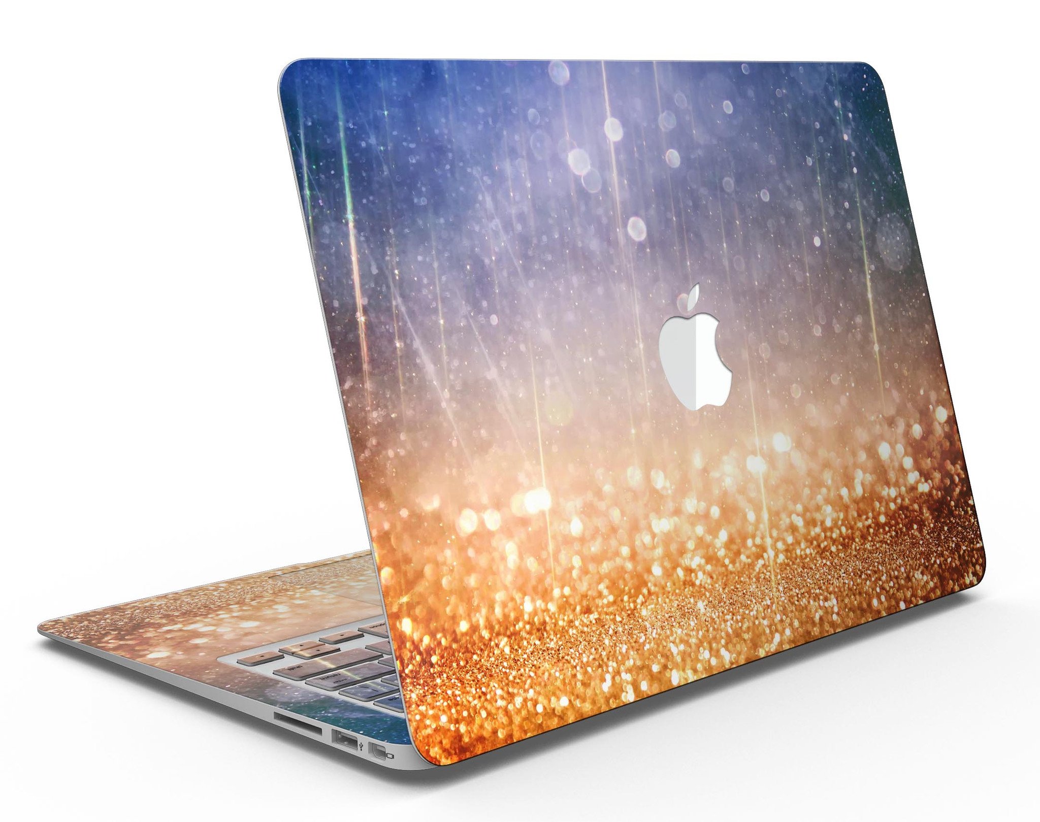 Blue and orange scratched surface MacBook Air skin with glowing gold accents, showcasing a stylish design.