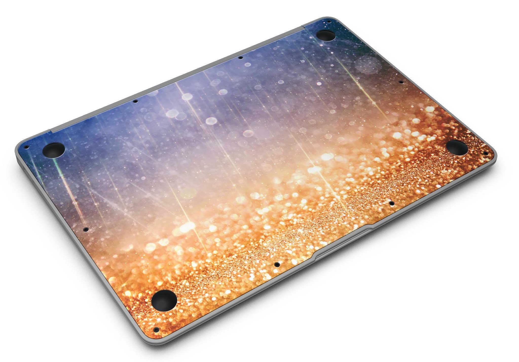 Blue and orange scratched surface MacBook Air skin with glowing gold accents, showcasing a stylish design.