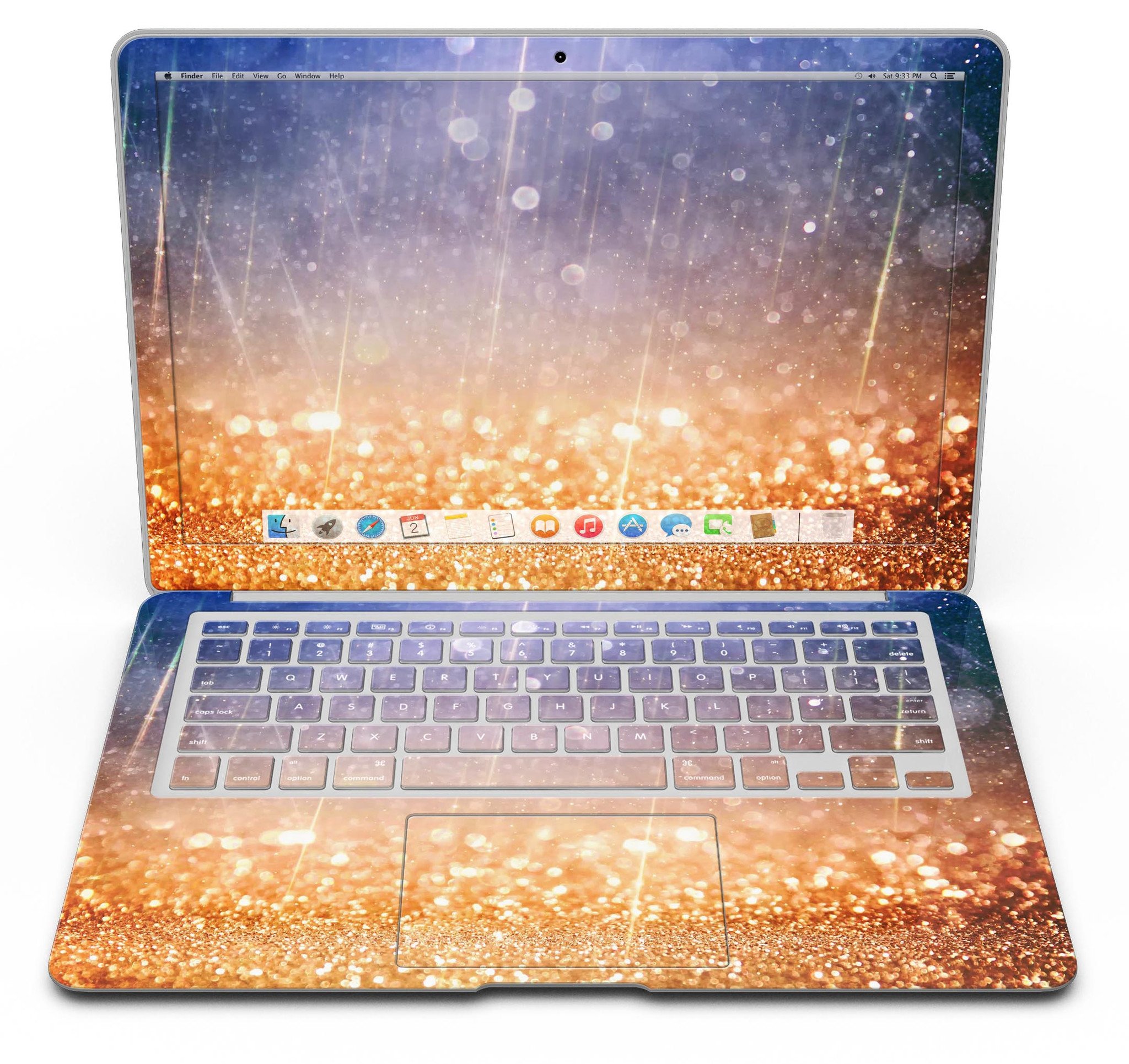 Blue and orange scratched surface MacBook Air skin with glowing gold accents, showcasing a stylish design.