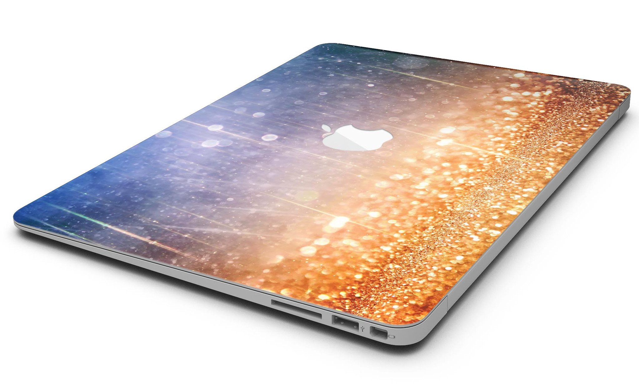 Blue and orange scratched surface MacBook Air skin with glowing gold accents, showcasing a stylish design.