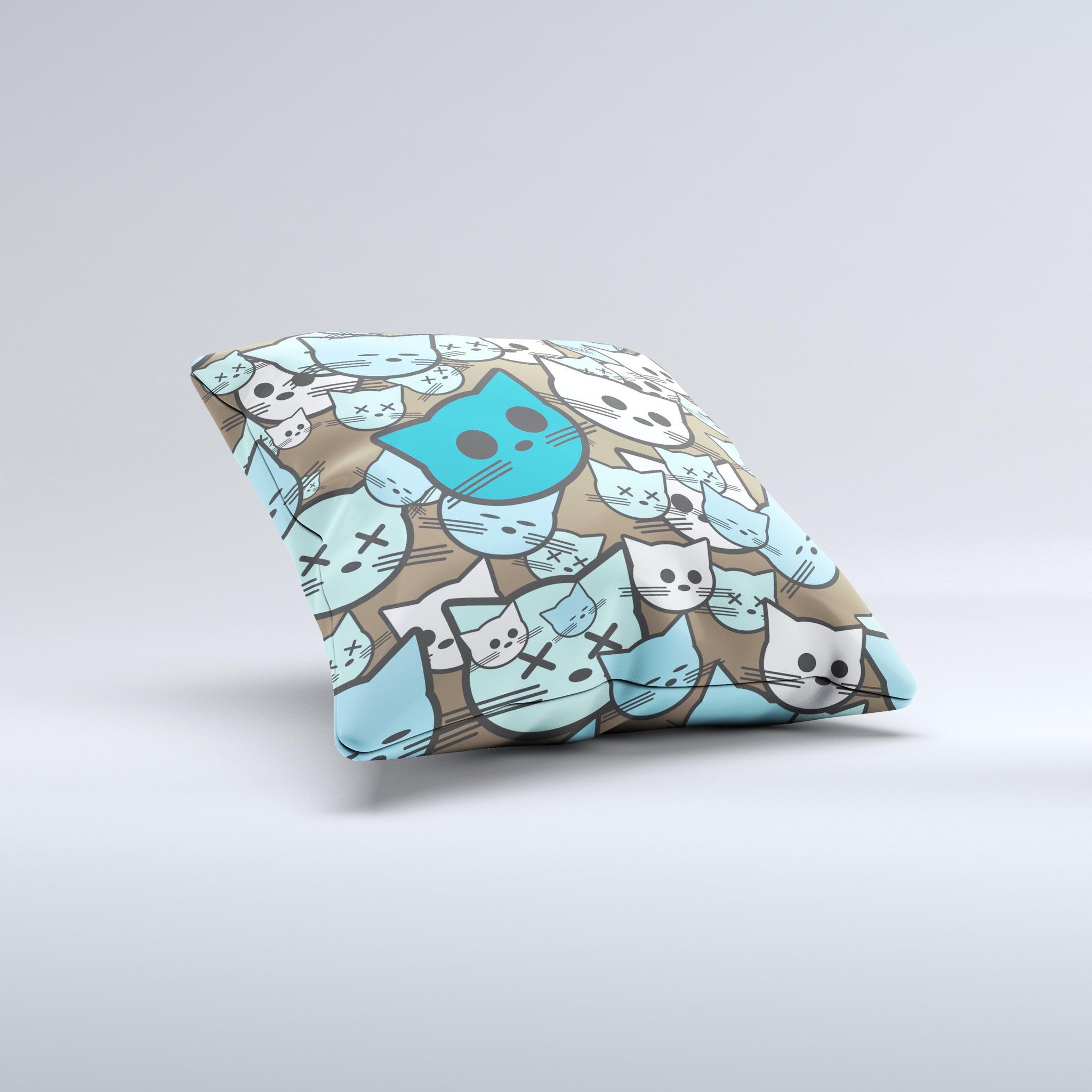 Blue and pink decorative throw pillow featuring vector faced cats design, handcrafted in Virginia with high thread count fabric.