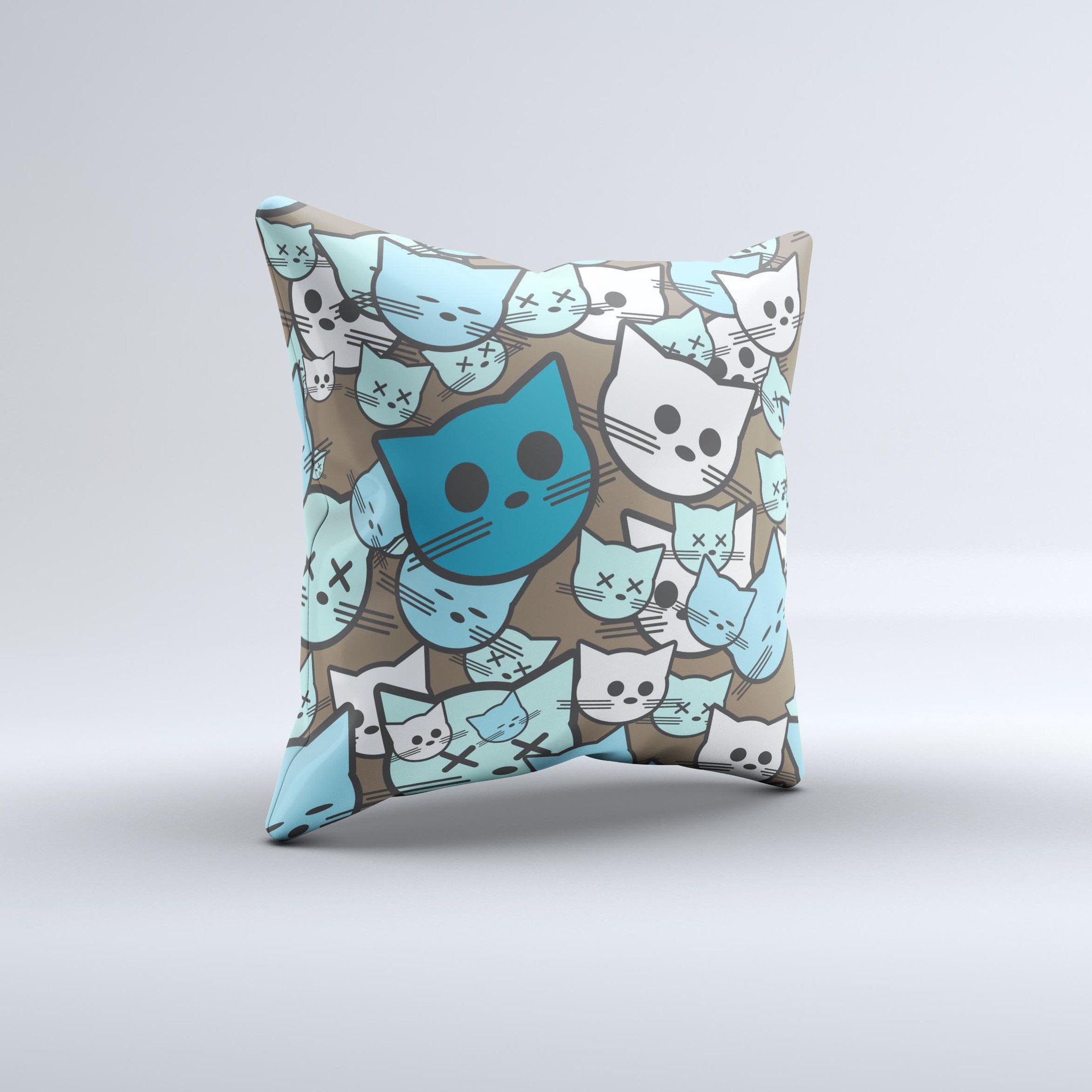 Blue and pink decorative throw pillow featuring vector faced cats design, handcrafted in Virginia with high thread count fabric.