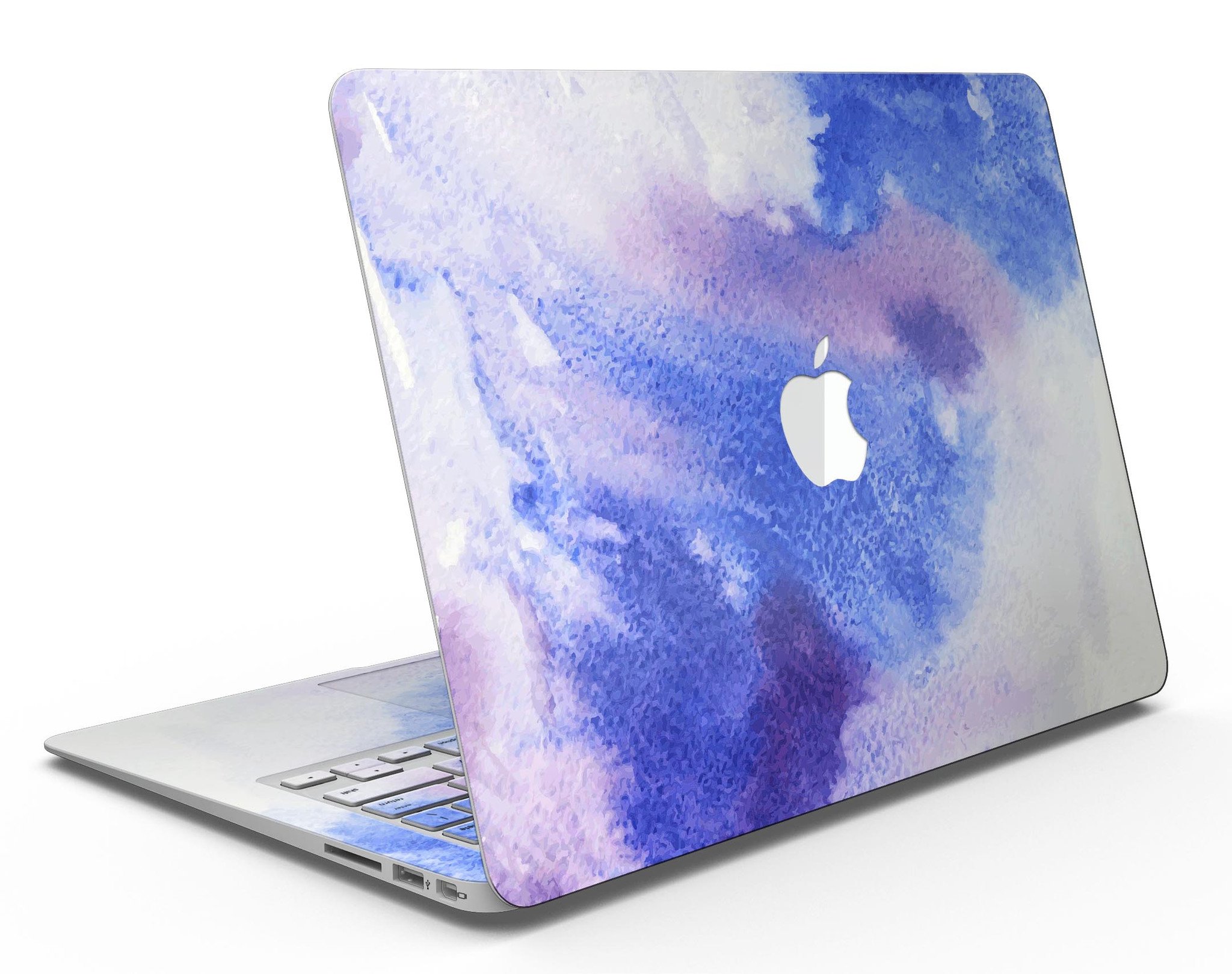 Blue and pink watercolor spill design MacBook Air skin kit, showcasing vibrant colors and a sleek finish.