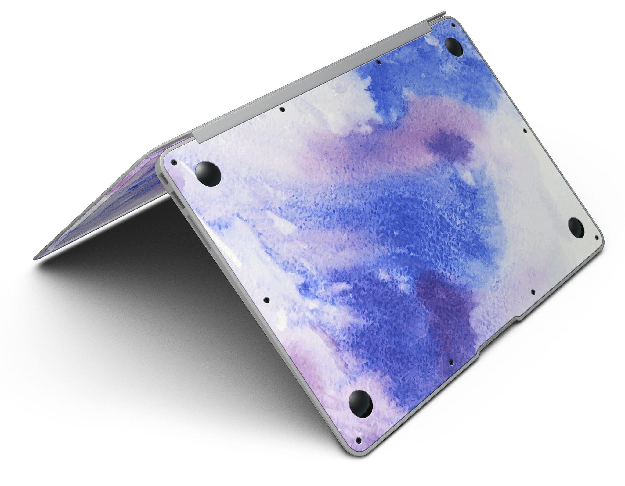 Blue and pink watercolor spill design MacBook Air skin kit, showcasing vibrant colors and a sleek finish.