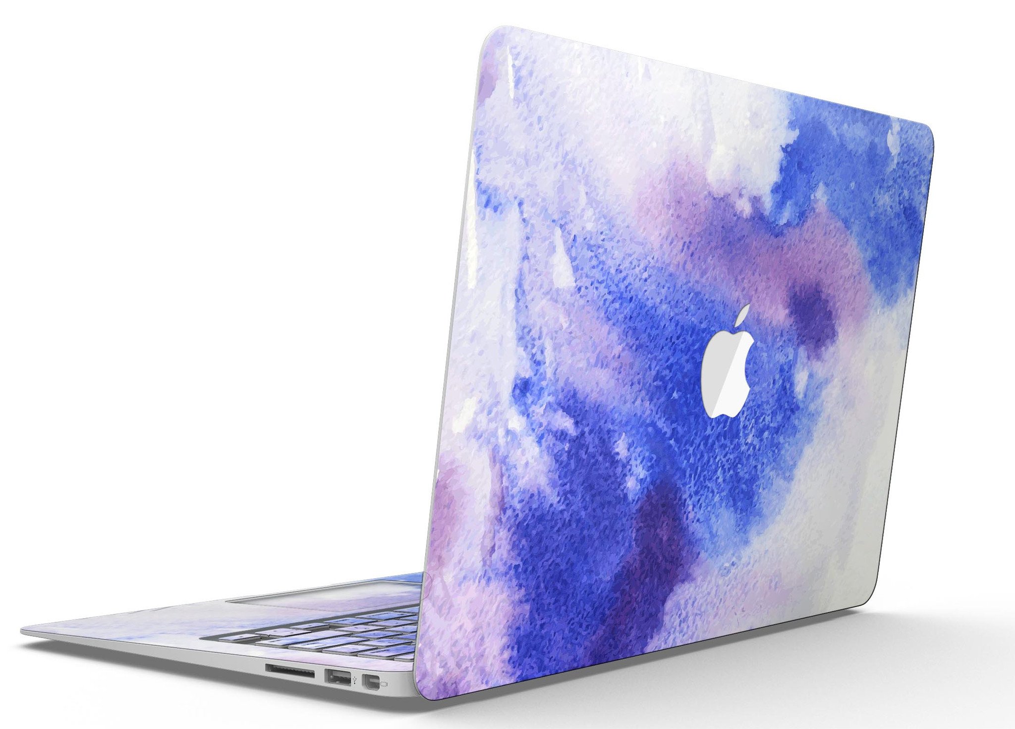 Blue and pink watercolor spill design MacBook Air skin kit, showcasing vibrant colors and a sleek finish.