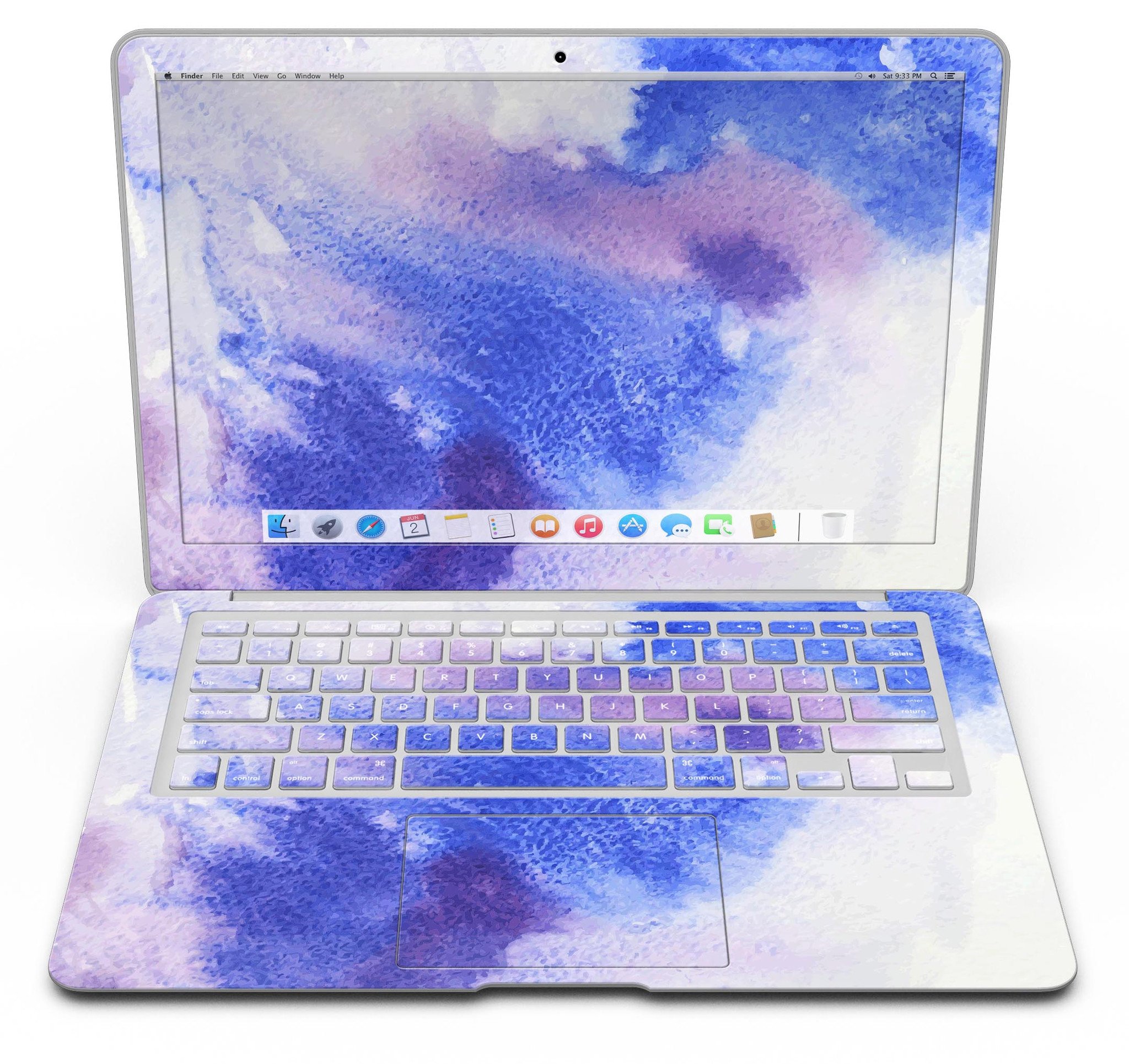 Blue and pink watercolor spill design MacBook Air skin kit, showcasing vibrant colors and a sleek finish.