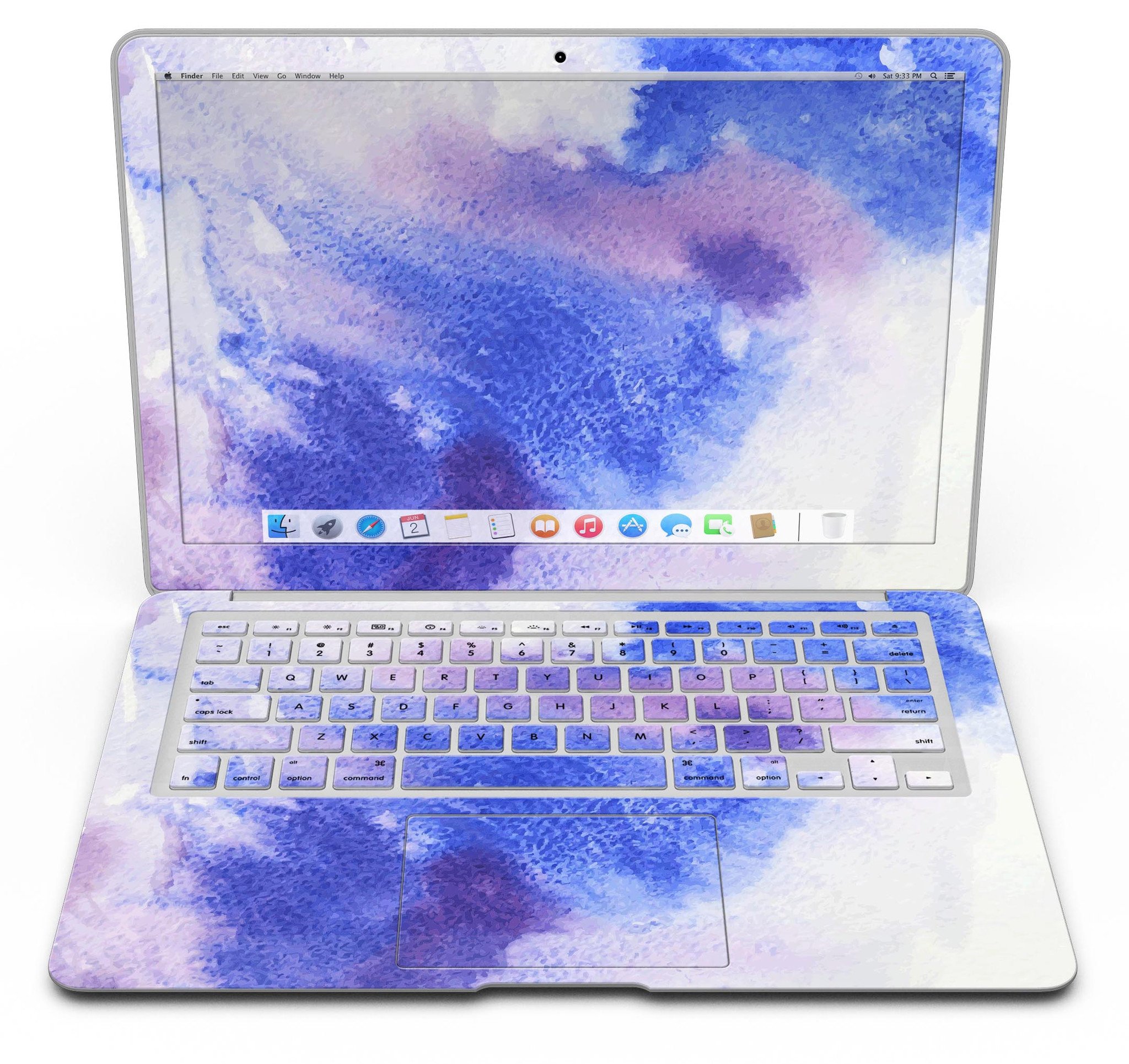 Blue and pink watercolor spill design MacBook Air skin kit, showcasing vibrant colors and a sleek finish.