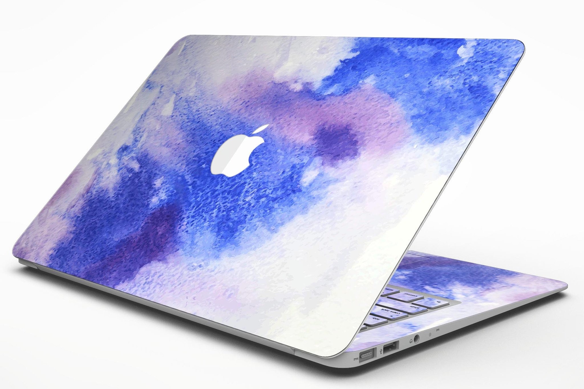 Blue and pink watercolor spill design MacBook Air skin kit, showcasing vibrant colors and a sleek finish.