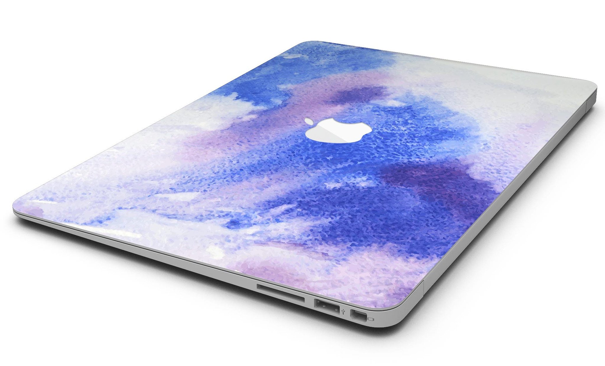 Blue and pink watercolor spill design MacBook Air skin kit, showcasing vibrant colors and a sleek finish.