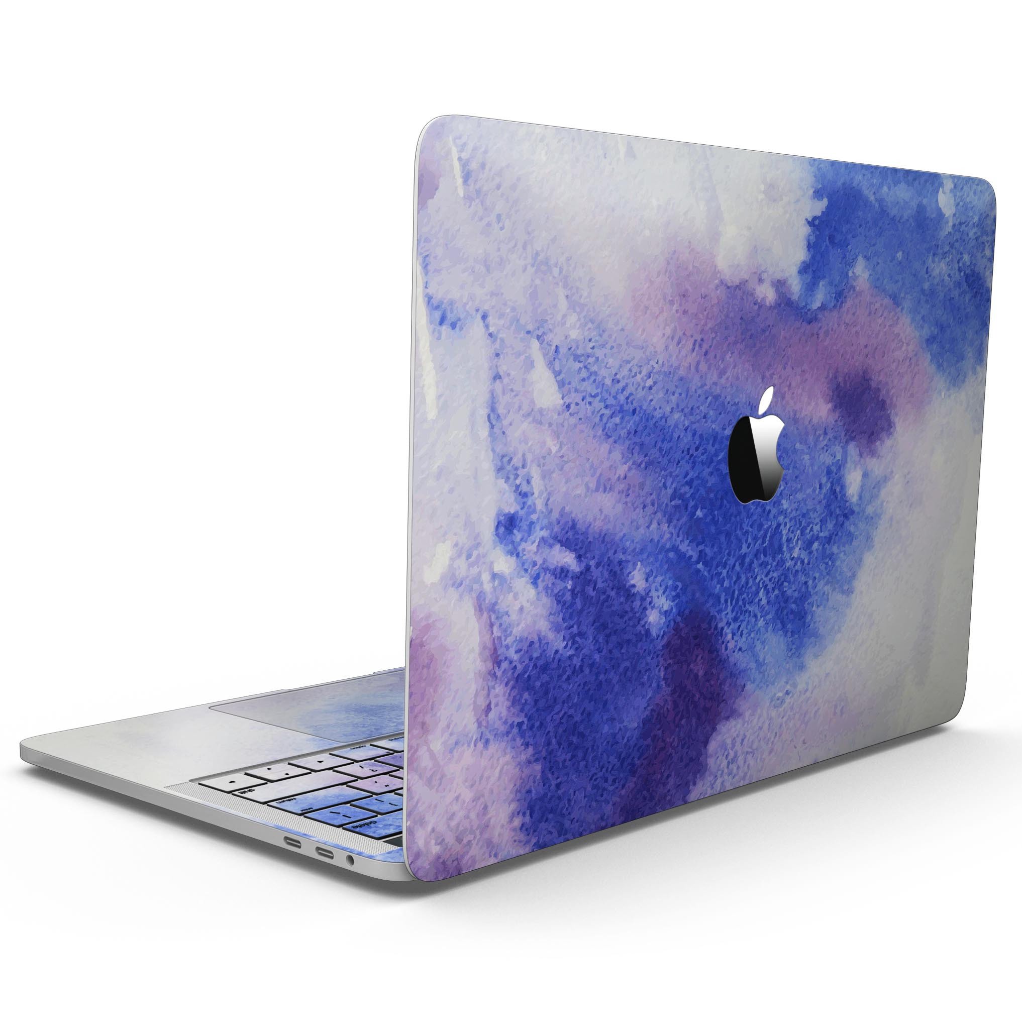 Blue and Pink Watercolor Spill skin for MacBook Pro with Touch Bar, showcasing vibrant colors and a stylish design.