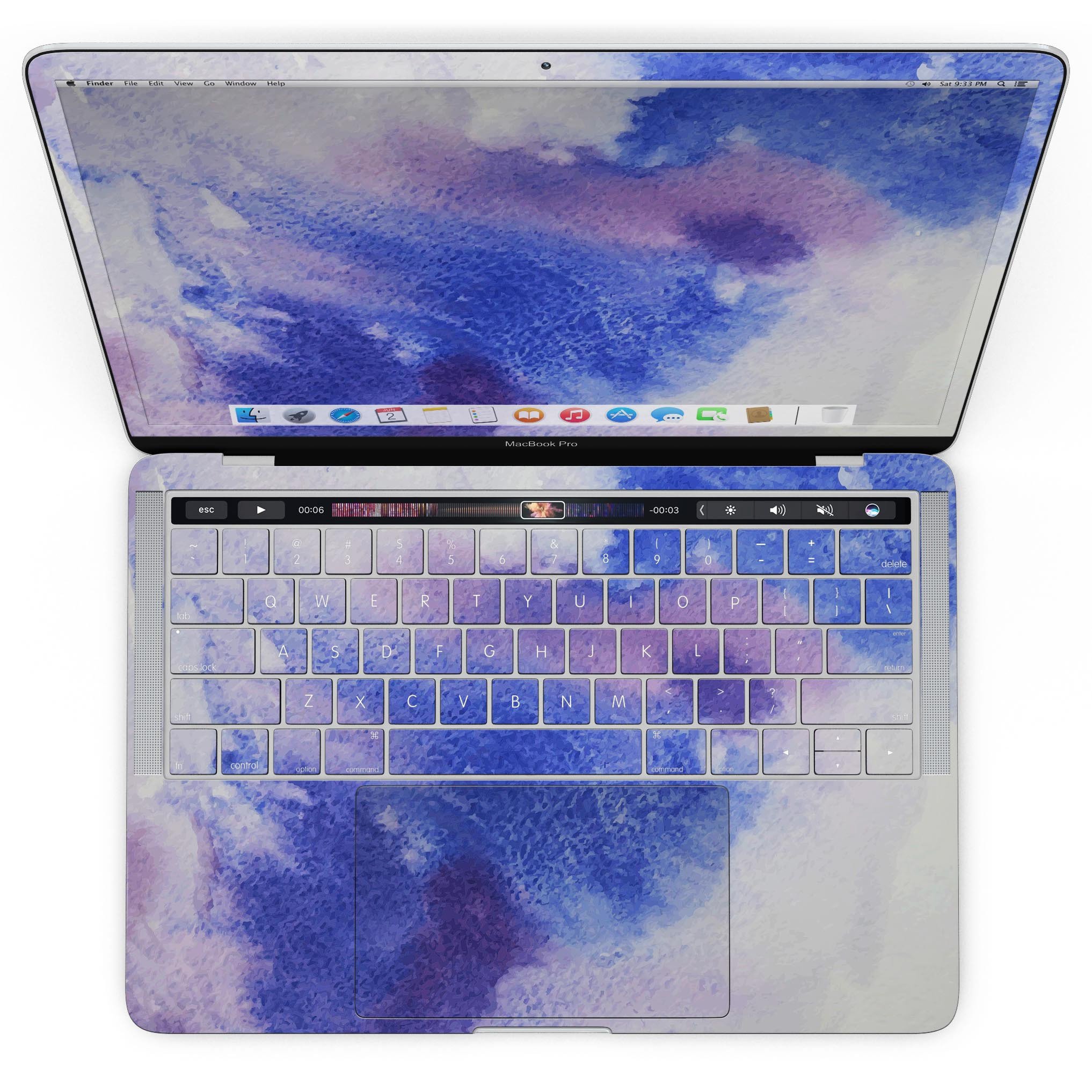 Blue and Pink Watercolor Spill skin for MacBook Pro with Touch Bar, showcasing vibrant colors and a stylish design.