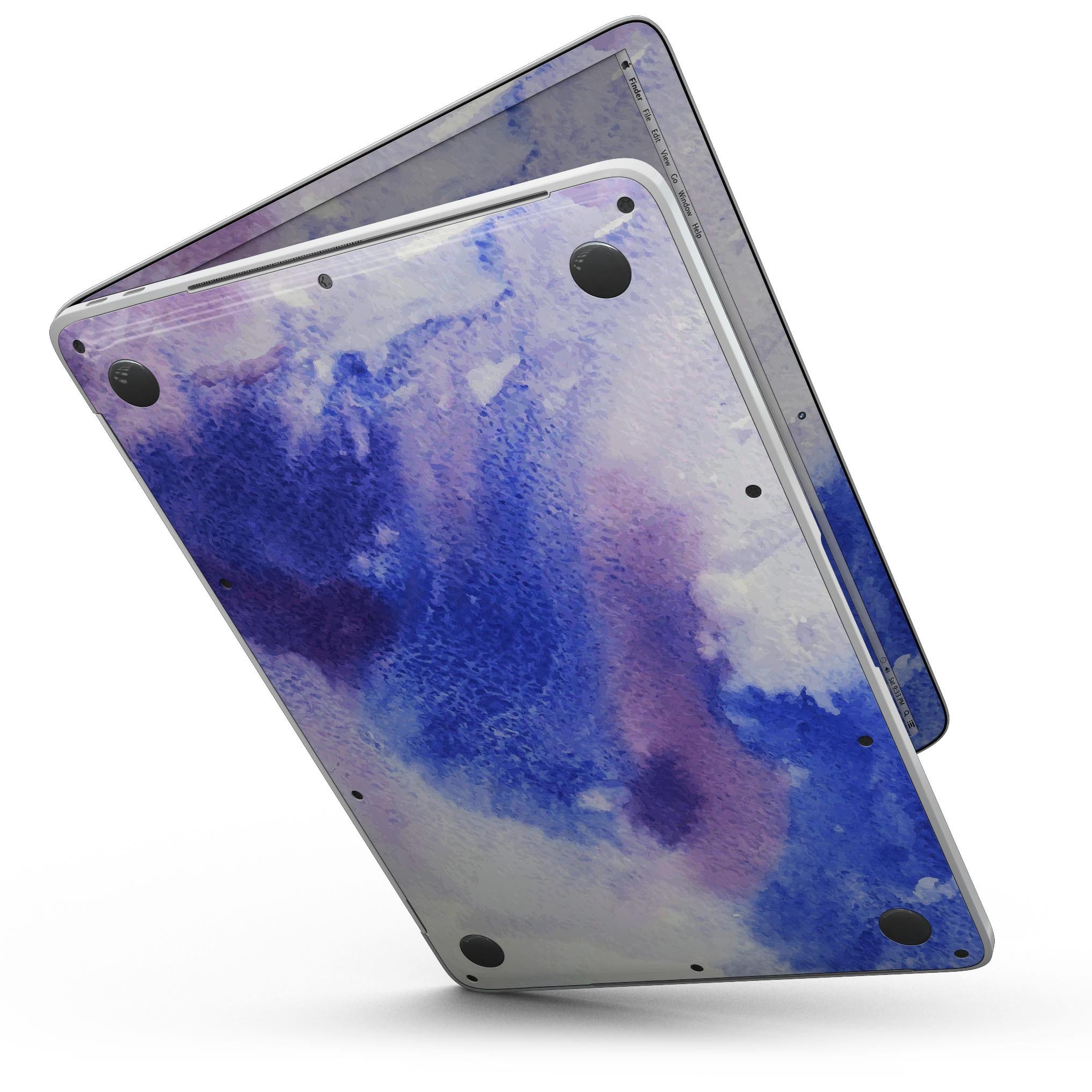 Blue and Pink Watercolor Spill skin for MacBook Pro with Touch Bar, showcasing vibrant colors and a stylish design.