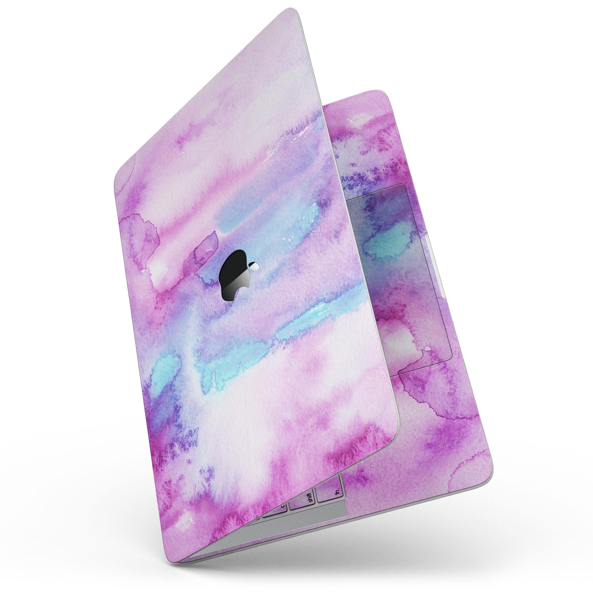 Blue and pink watercolor texture skin for 13" MacBook Pro, showcasing vibrant colors and a sleek design.