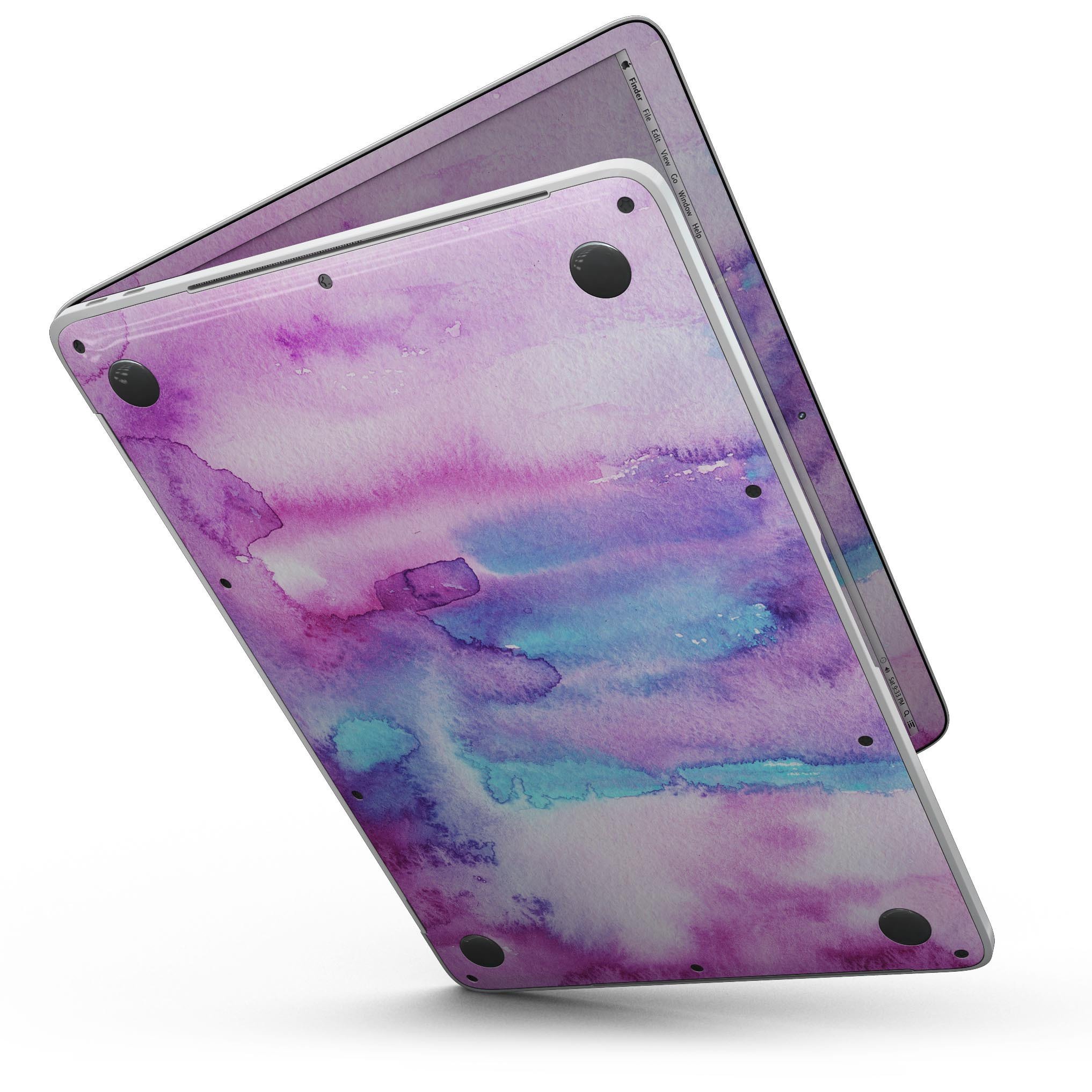 Blue and pink watercolor texture skin for 13" MacBook Pro, showcasing vibrant colors and a sleek design.
