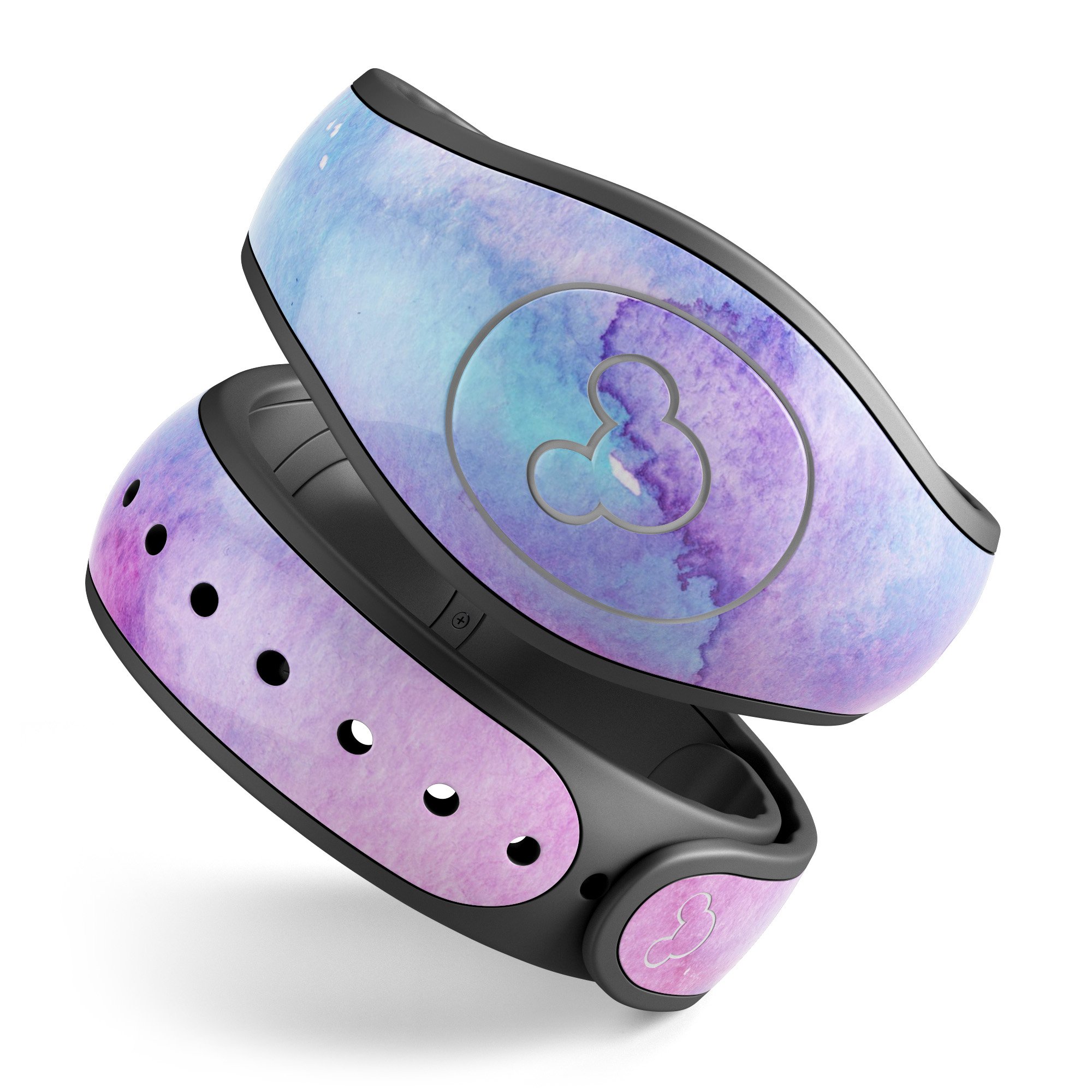 Blue and pink watercolor texture skin wrap for Disney Magic Band, showcasing vibrant colors and a smooth finish.