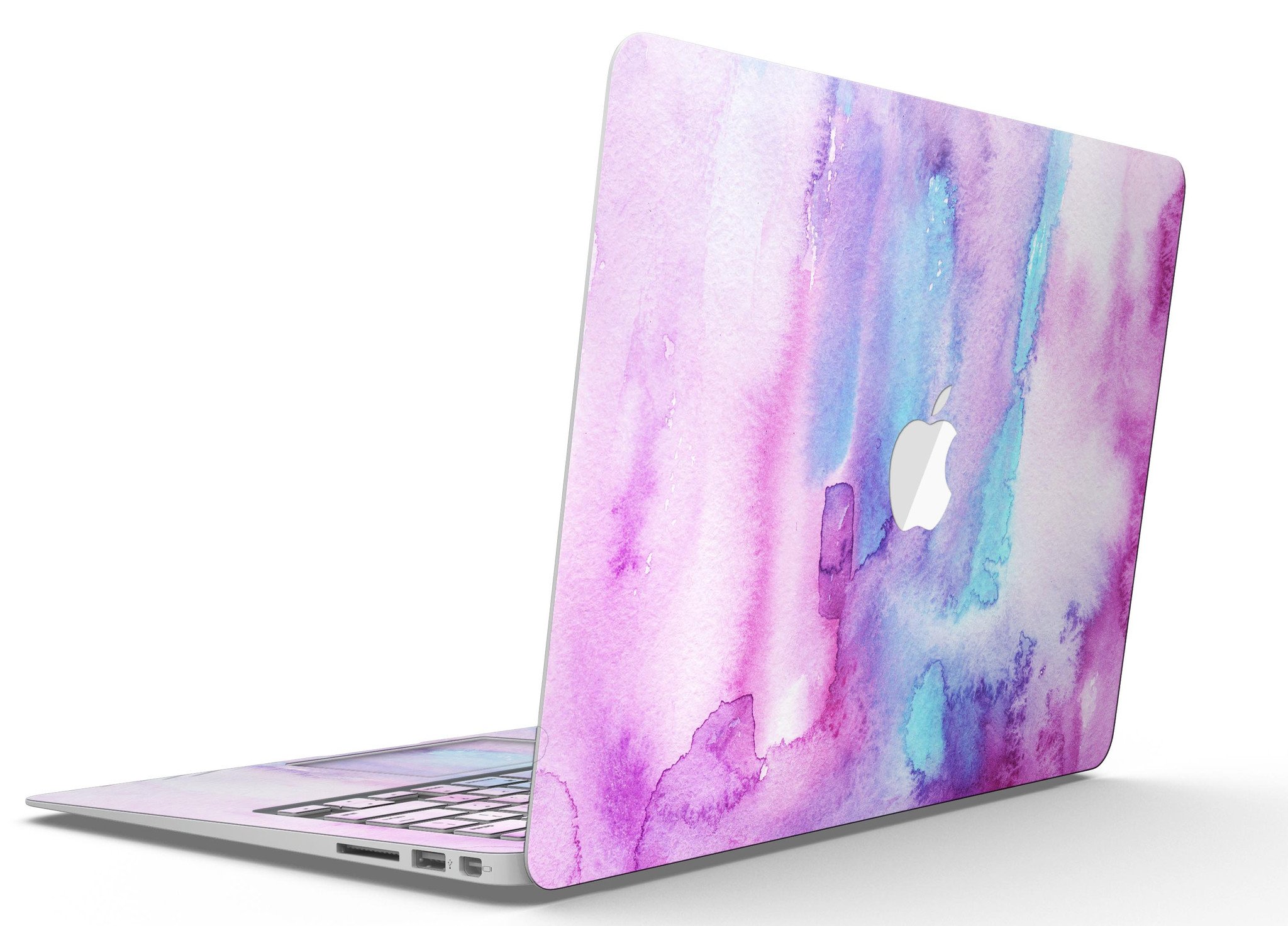 Blue and pink watercolor texture skin for MacBook Air, showcasing vibrant colors and a sleek design.