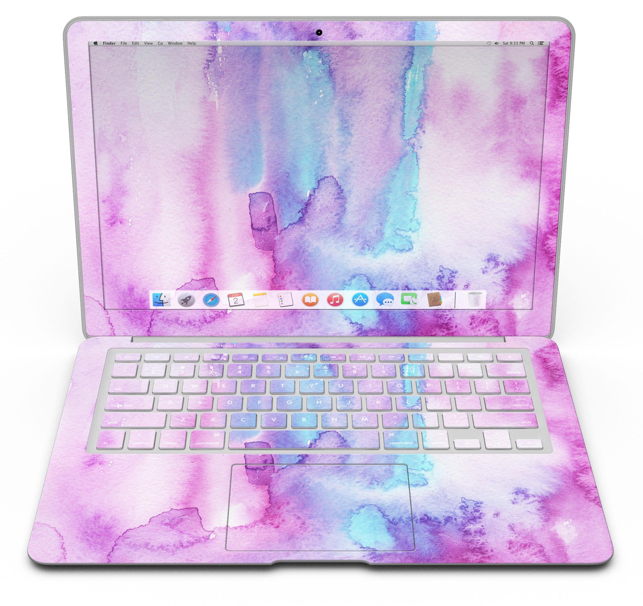 Blue and pink watercolor texture skin for MacBook Air, showcasing vibrant colors and a sleek design.