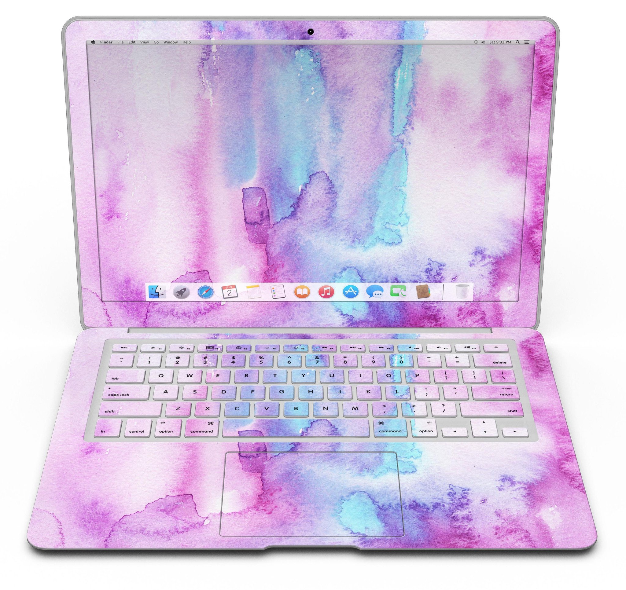 Blue and pink watercolor texture skin for MacBook Air, showcasing vibrant colors and a sleek design.