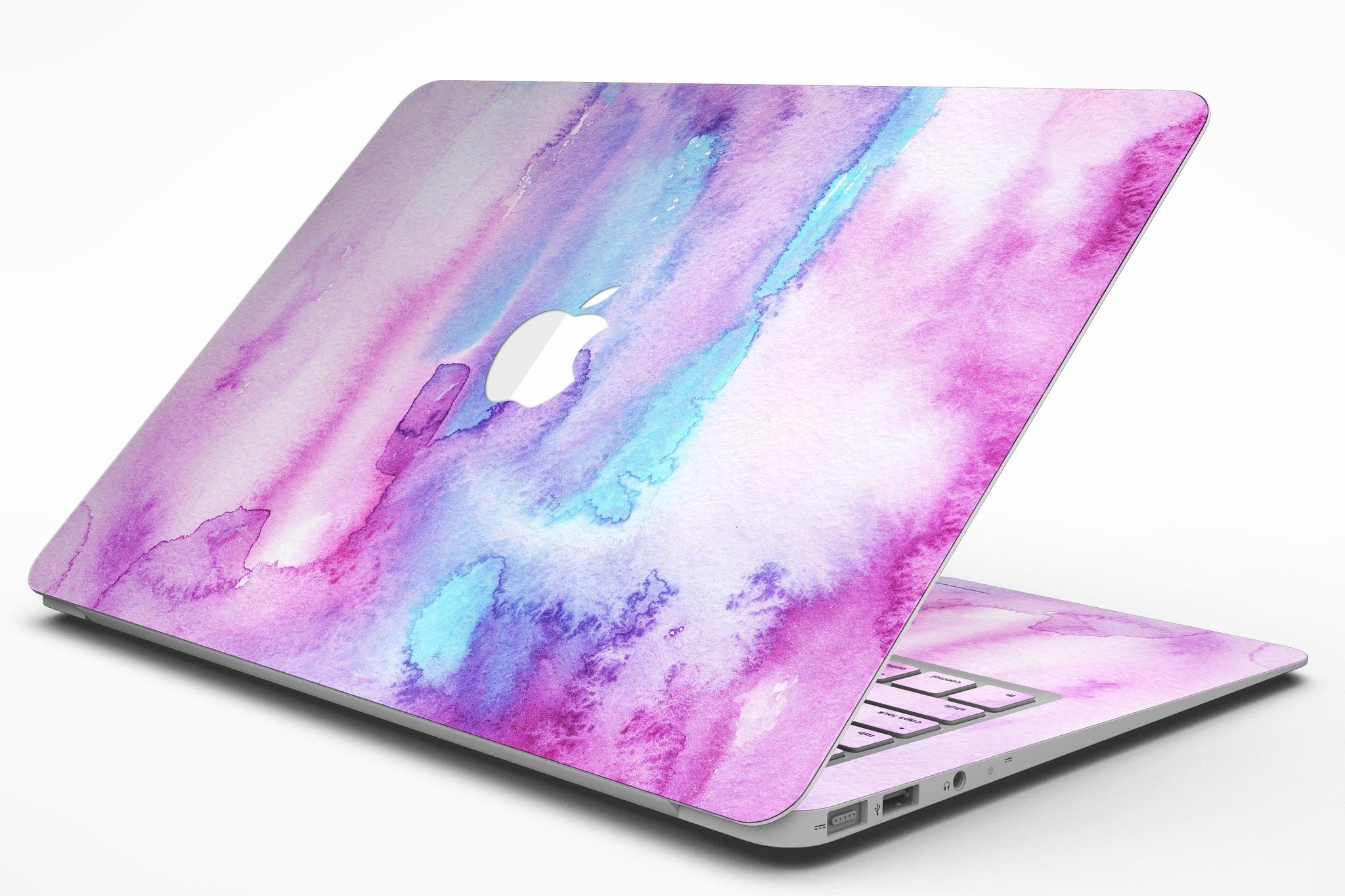 Blue and pink watercolor texture skin for MacBook Air, showcasing vibrant colors and a sleek design.