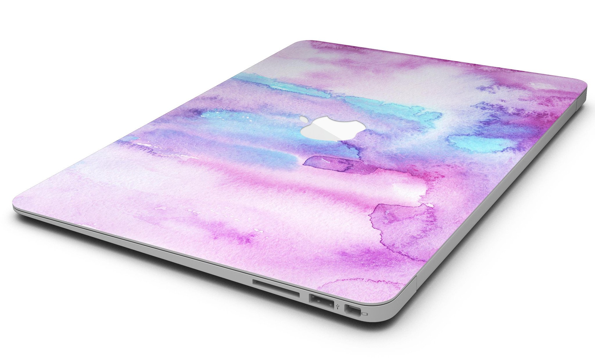 Blue and pink watercolor texture skin for MacBook Air, showcasing vibrant colors and a sleek design.