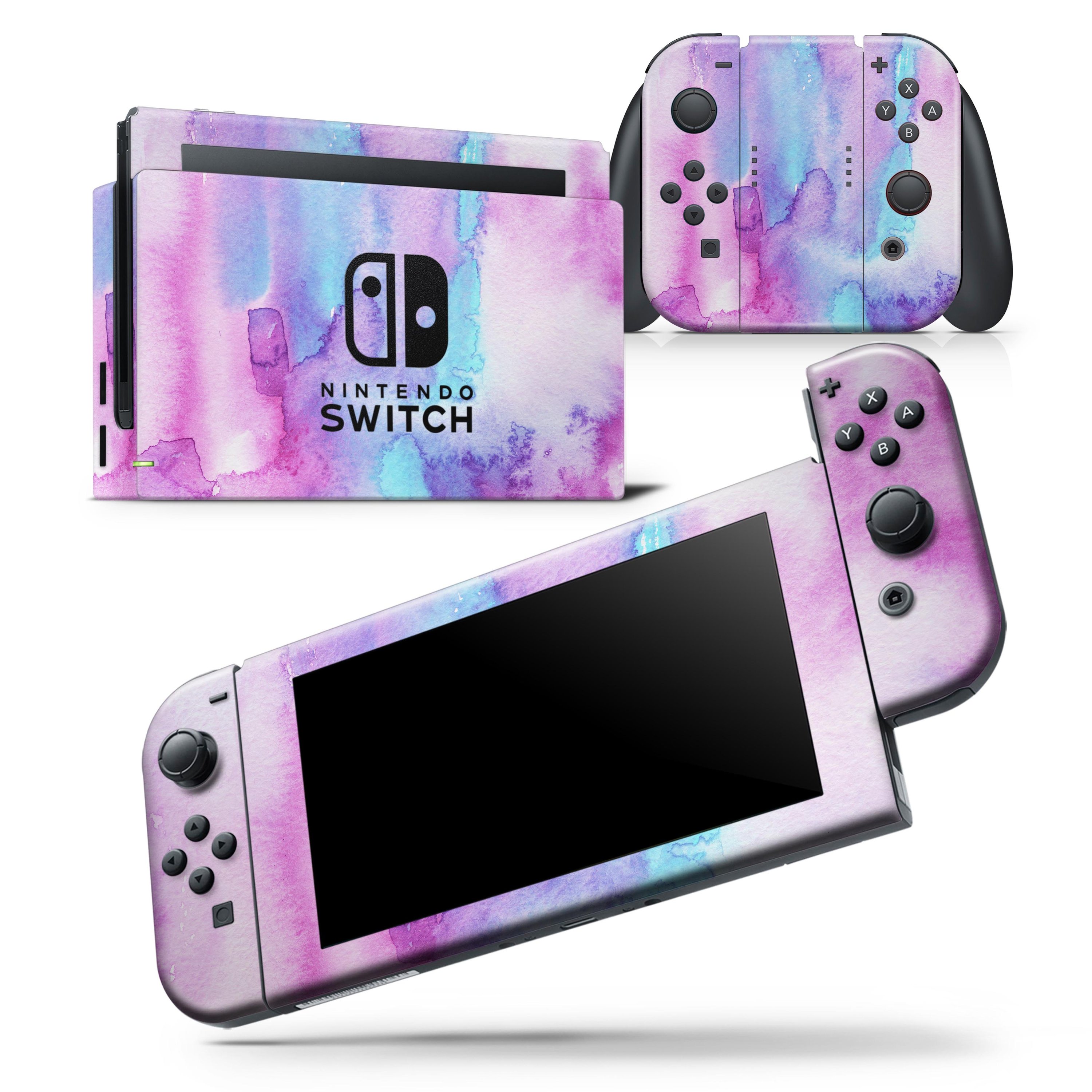 Blue and pink watercolor texture skin wrap decal for Nintendo Switch, showcasing vibrant colors and a sleek design.