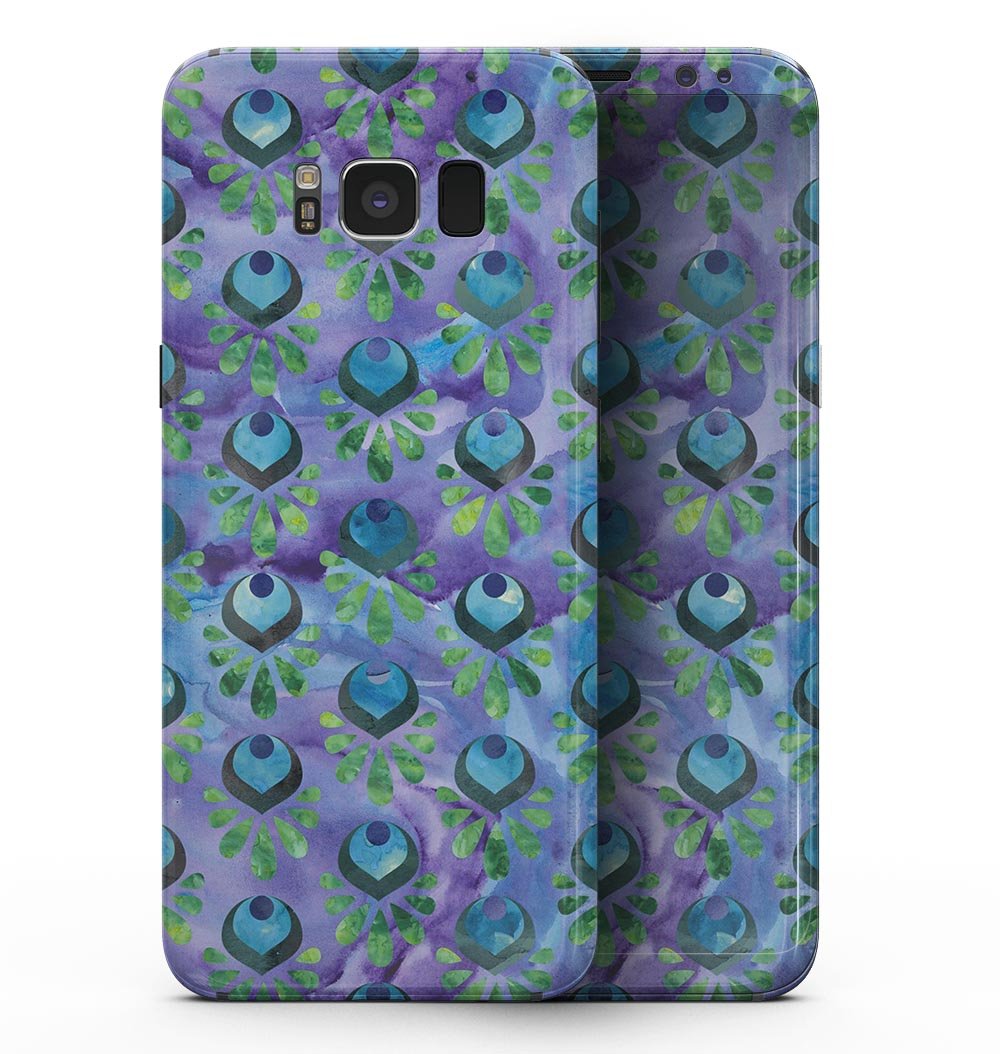 Samsung Galaxy S8 with blue and purple watercolor peacock feathers skin, showcasing vibrant colors and intricate feather patterns.