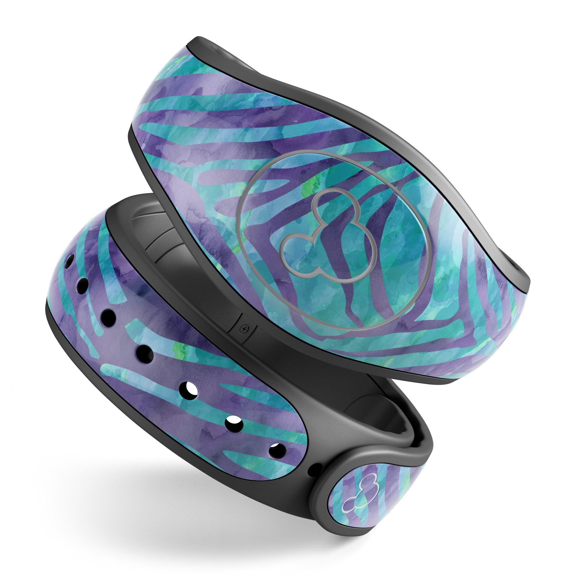 Blue and purple watercolor zebra pattern decal skin wrap for Disney Magic Band, showcasing vibrant colors and unique design.