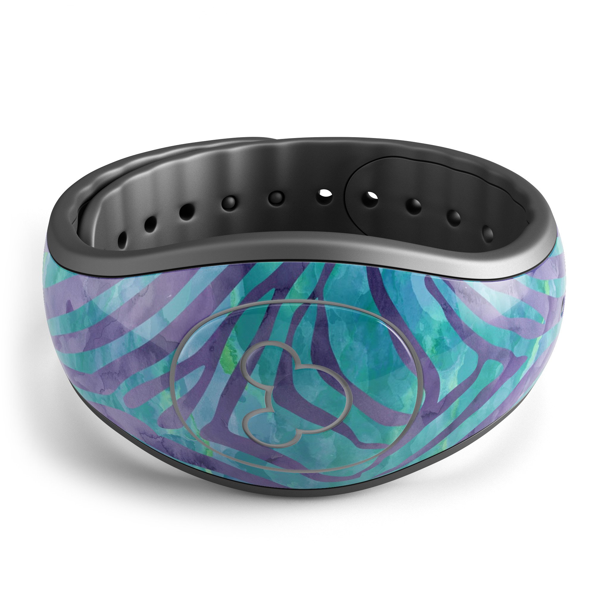 Blue and purple watercolor zebra pattern decal skin wrap for Disney Magic Band, showcasing vibrant colors and unique design.