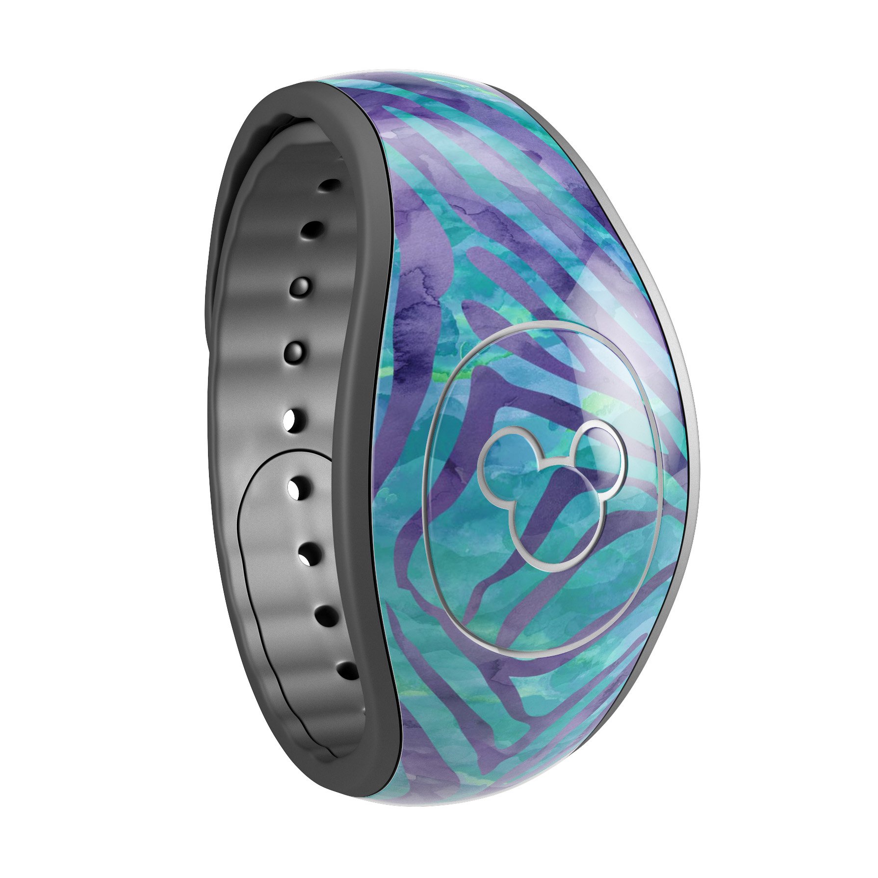 Blue and purple watercolor zebra pattern decal skin wrap for Disney Magic Band, showcasing vibrant colors and unique design.