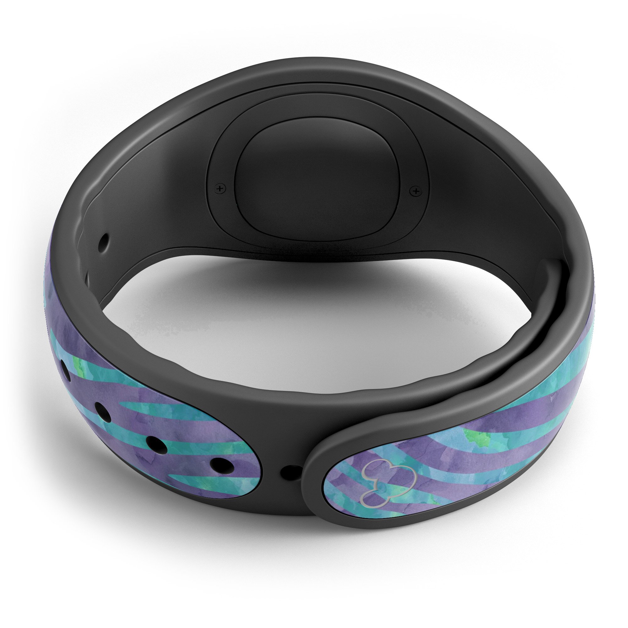 Blue and purple watercolor zebra pattern decal skin wrap for Disney Magic Band, showcasing vibrant colors and unique design.