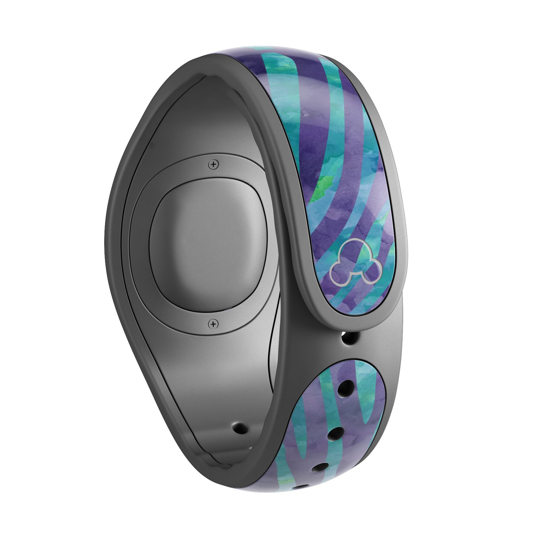 Blue and purple watercolor zebra pattern decal skin wrap for Disney Magic Band, showcasing vibrant colors and unique design.