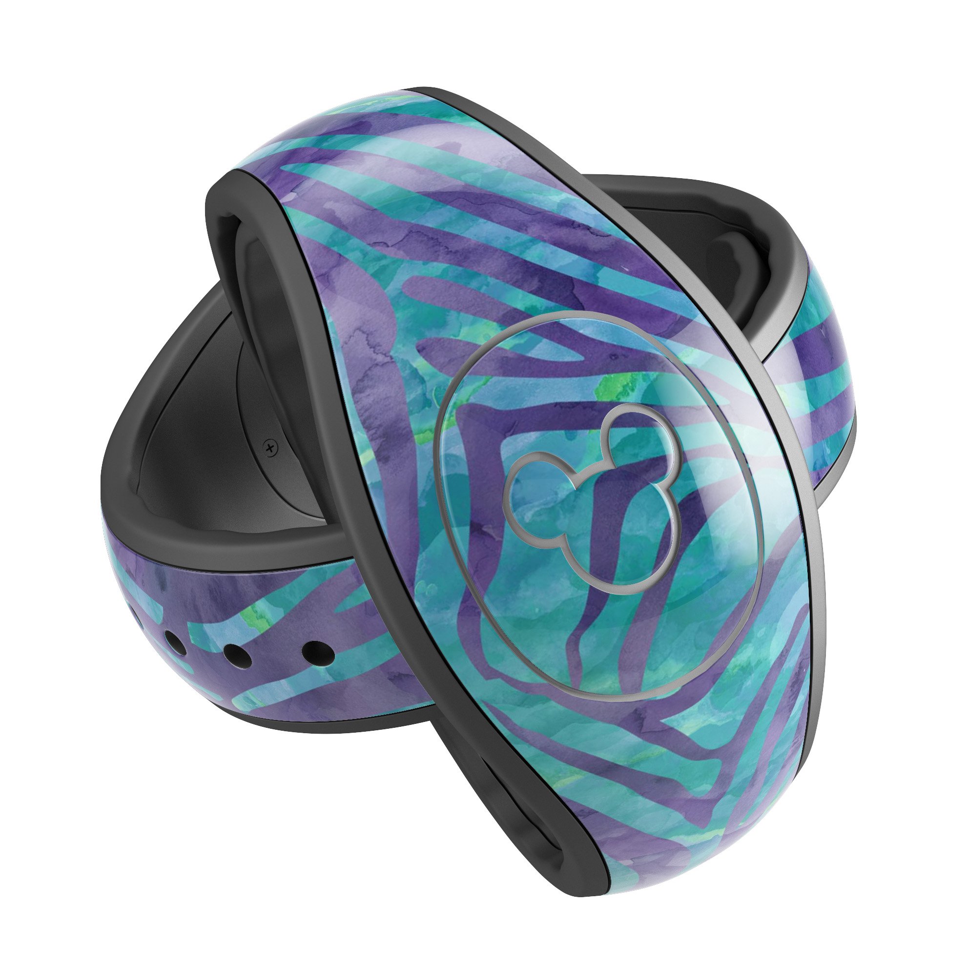 Blue and purple watercolor zebra pattern decal skin wrap for Disney Magic Band, showcasing vibrant colors and unique design.