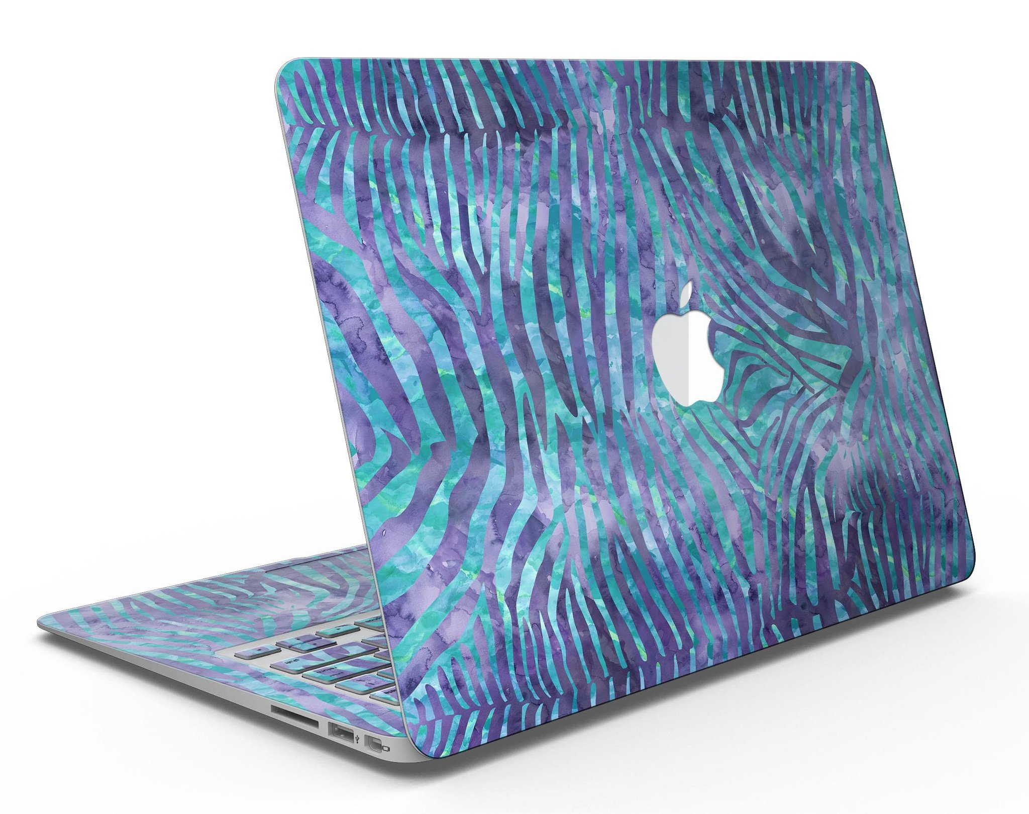 Blue and purple watercolor zebra pattern skin for MacBook Air, showcasing vibrant colors and unique design.