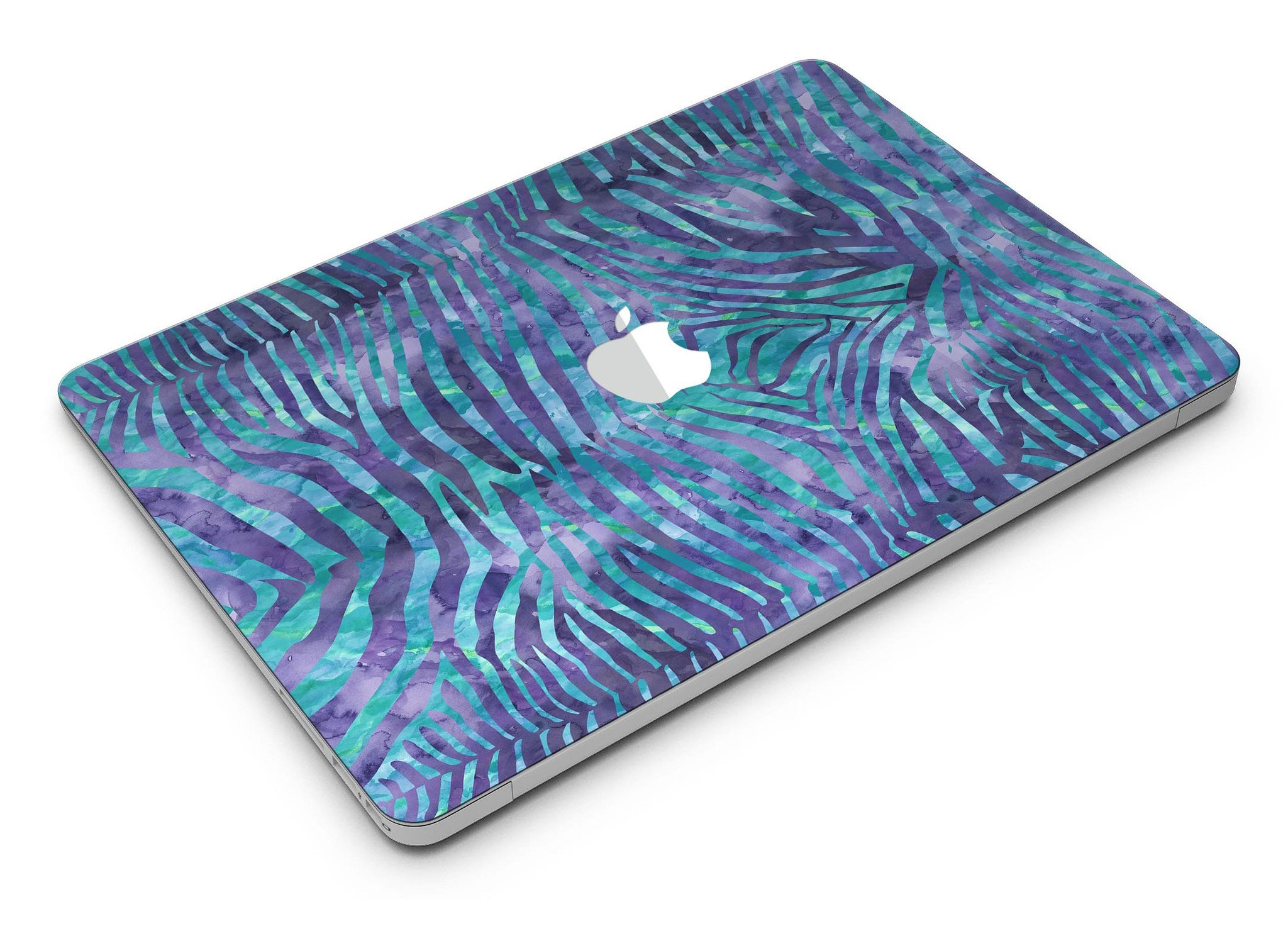 Blue and purple watercolor zebra pattern skin for MacBook Air, showcasing vibrant colors and unique design.