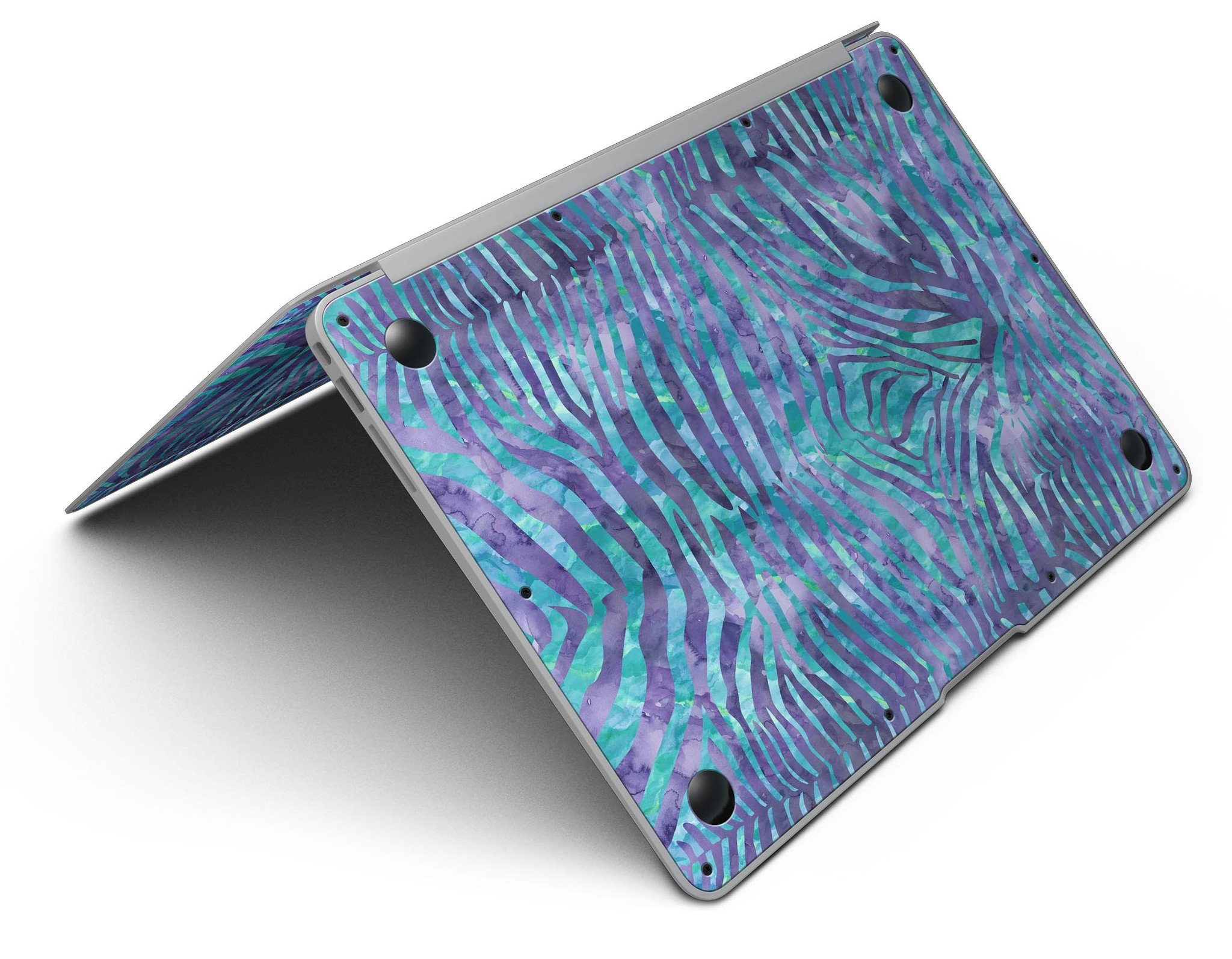 Blue and purple watercolor zebra pattern skin for MacBook Air, showcasing vibrant colors and unique design.