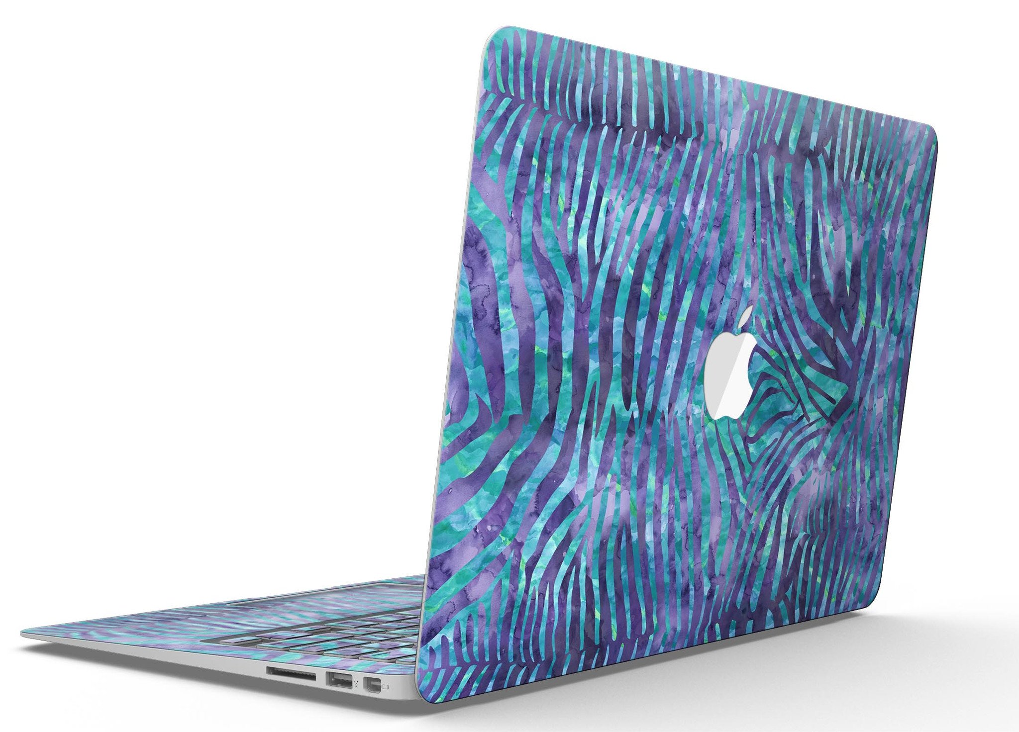 Blue and purple watercolor zebra pattern skin for MacBook Air, showcasing vibrant colors and unique design.