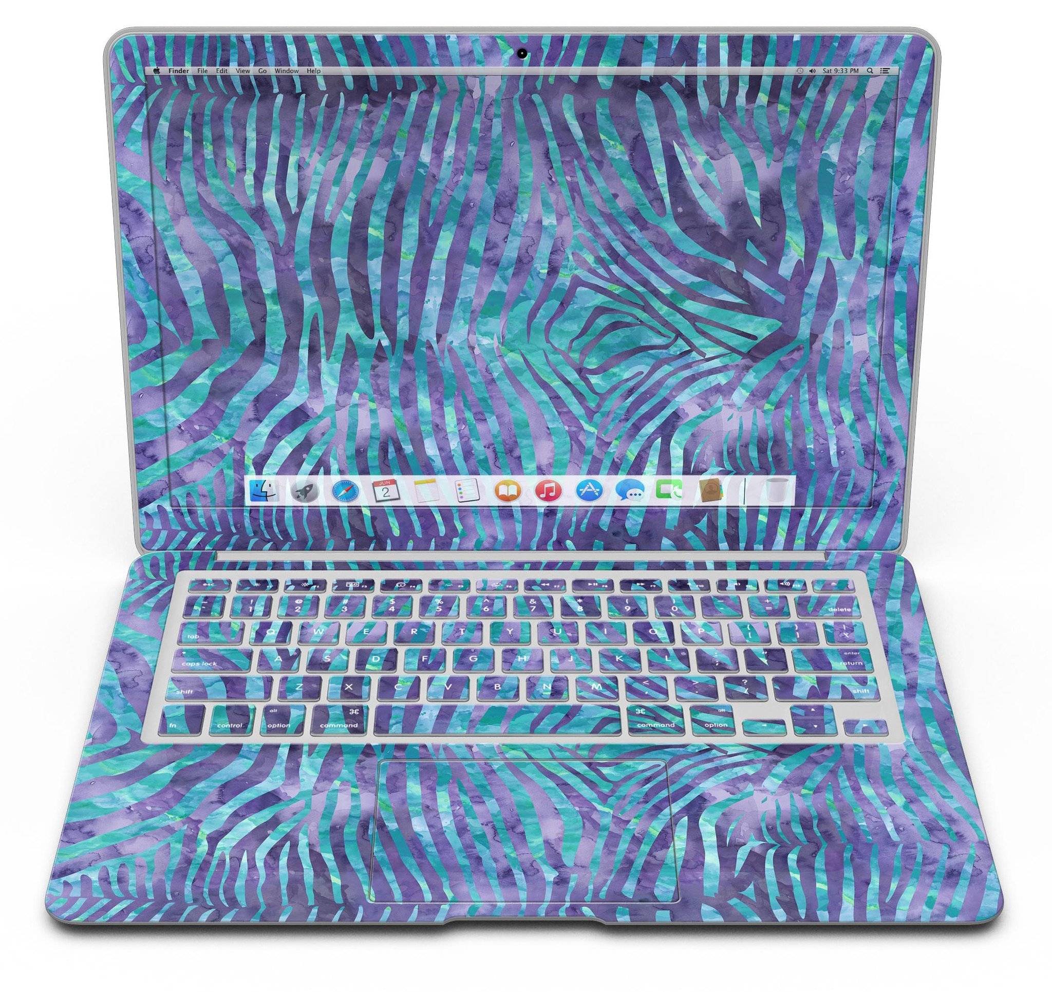 Blue and purple watercolor zebra pattern skin for MacBook Air, showcasing vibrant colors and unique design.