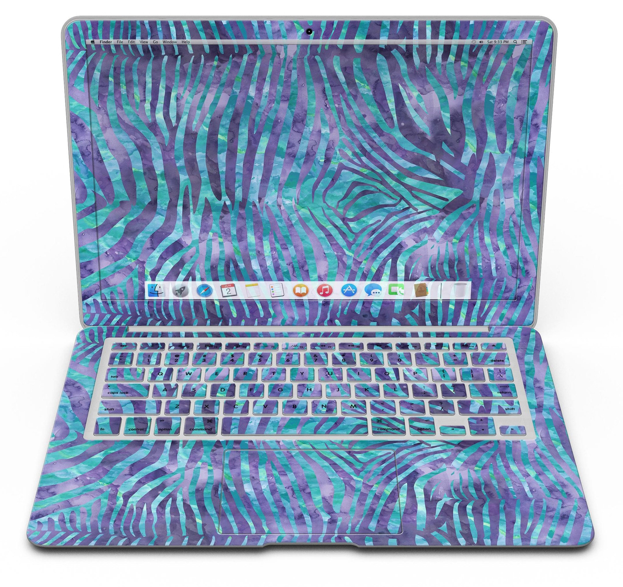 Blue and purple watercolor zebra pattern skin for MacBook Air, showcasing vibrant colors and unique design.