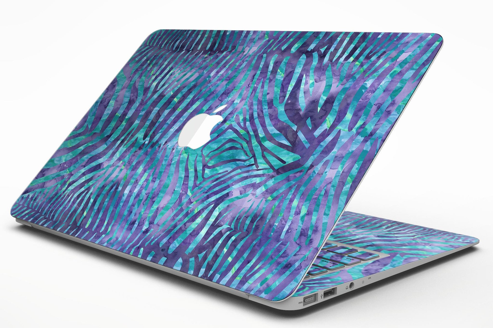 Blue and purple watercolor zebra pattern skin for MacBook Air, showcasing vibrant colors and unique design.