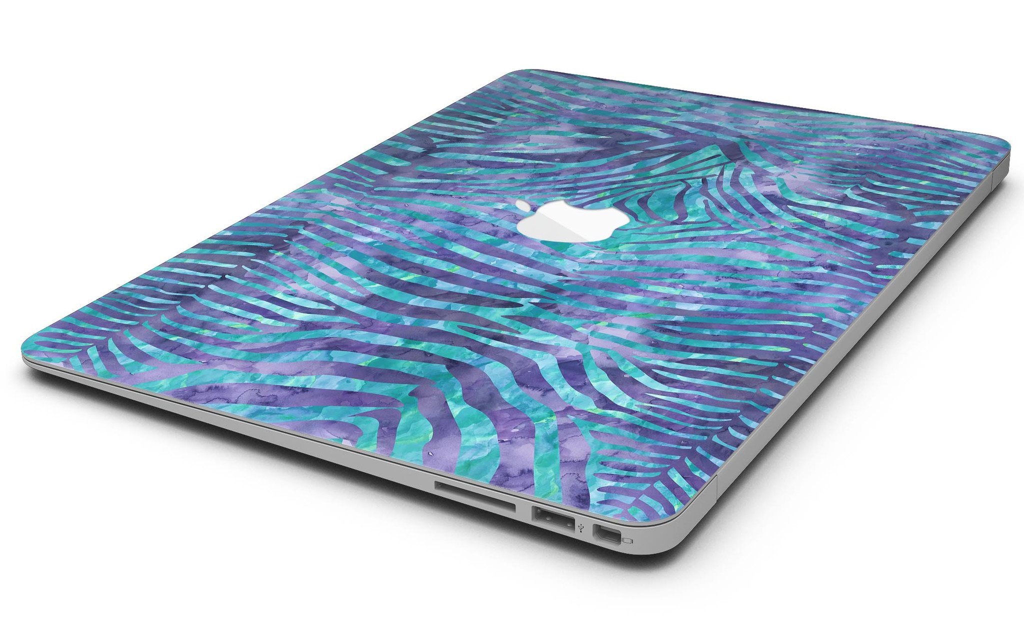 Blue and purple watercolor zebra pattern skin for MacBook Air, showcasing vibrant colors and unique design.