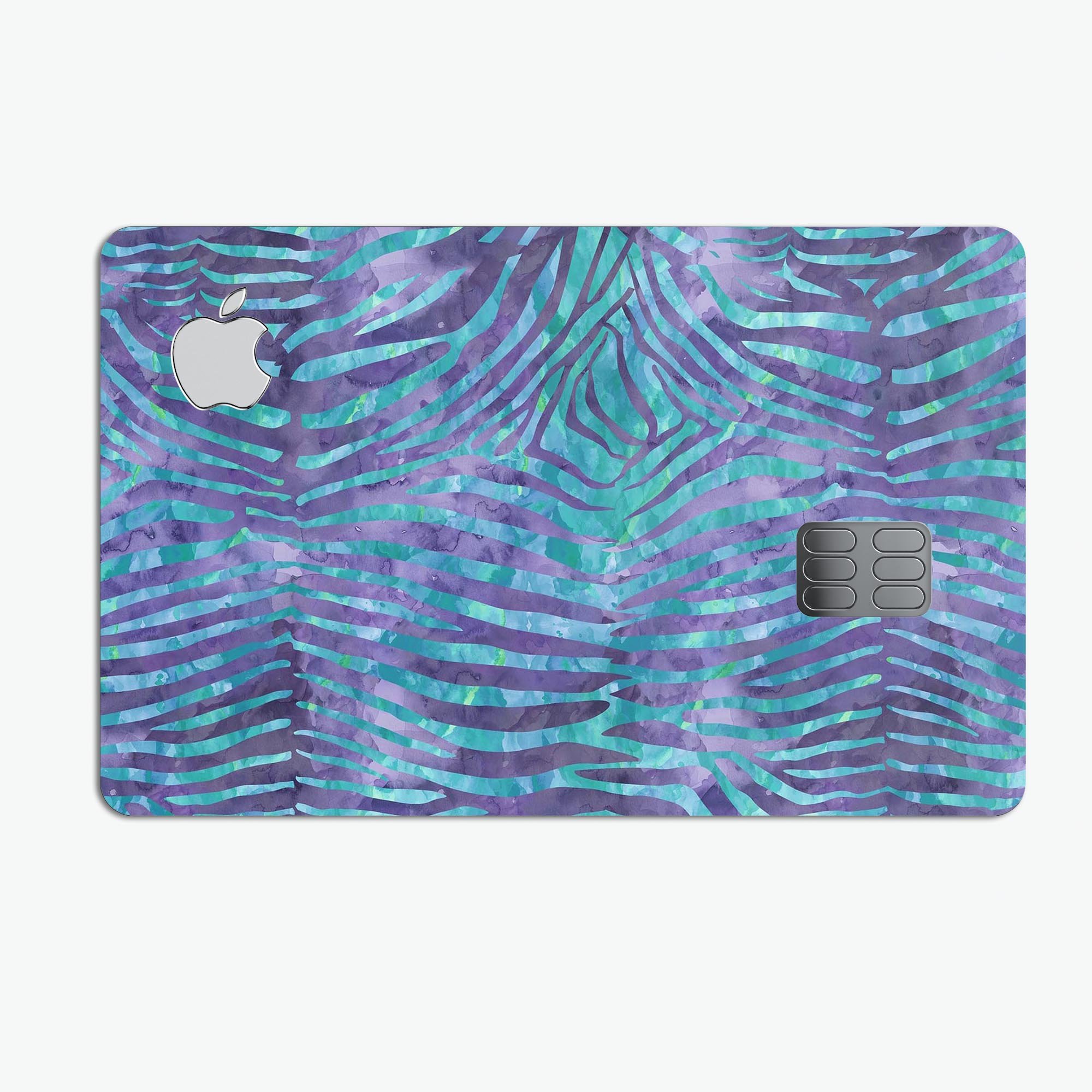 Blue and purple watercolor zebra pattern protective decal for Apple Card, showcasing vibrant colors and stylish design.