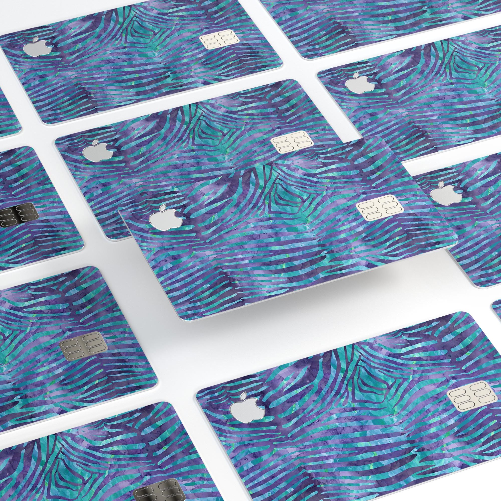 Blue and purple watercolor zebra pattern protective decal for Apple Card, showcasing vibrant colors and stylish design.